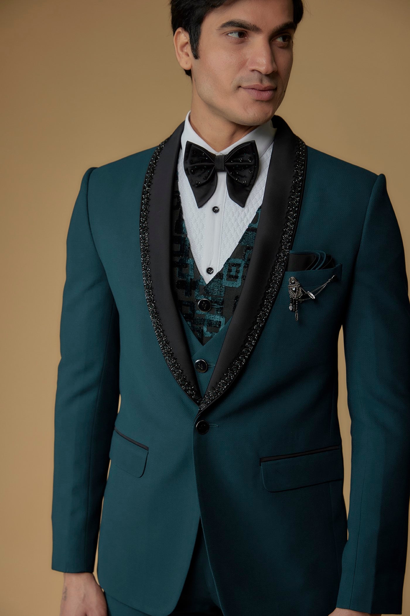 Navy Blue Japanese Suiting Hand Embroidered Tuxedo Set