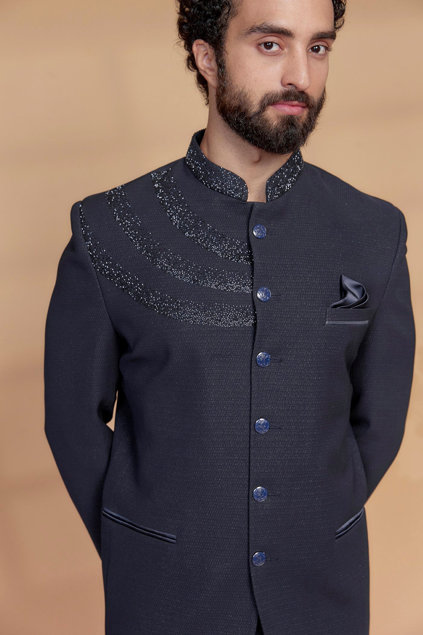 Navy Blue Japanese Suiting Fabric Bandhgala Set