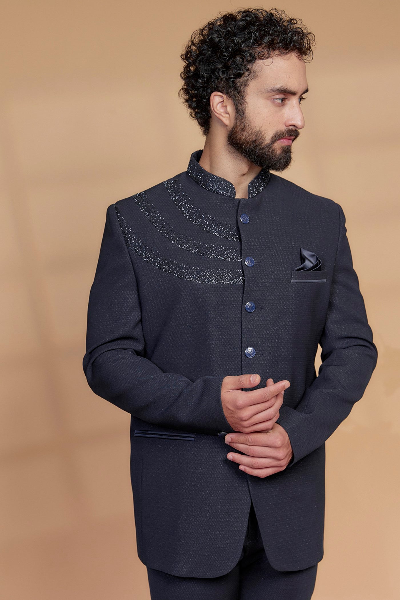 Navy Blue Japanese Suiting Fabric Bandhgala Set