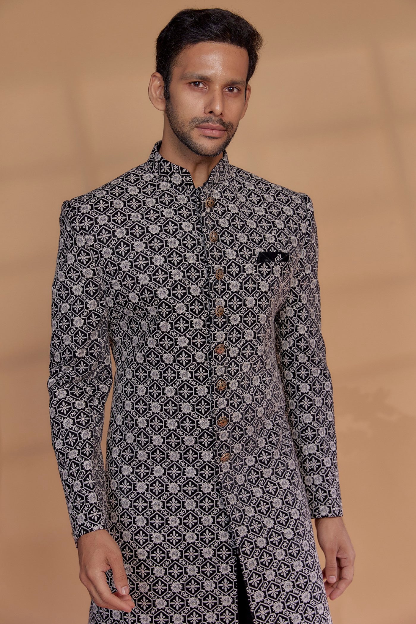 Black silk sherwani with silver machine work main image 0