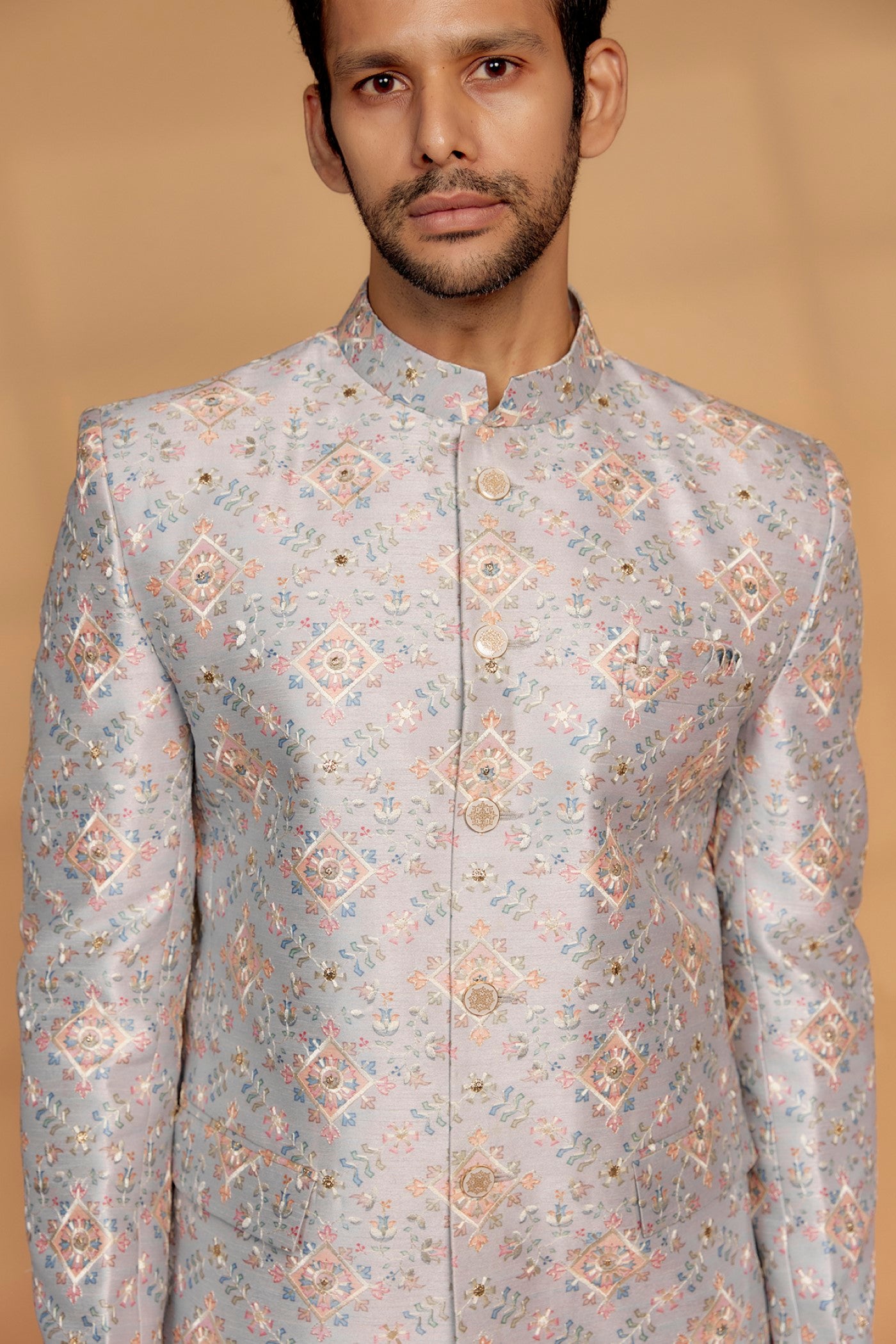 Mauve Silk Embroidered Bandhgala Set