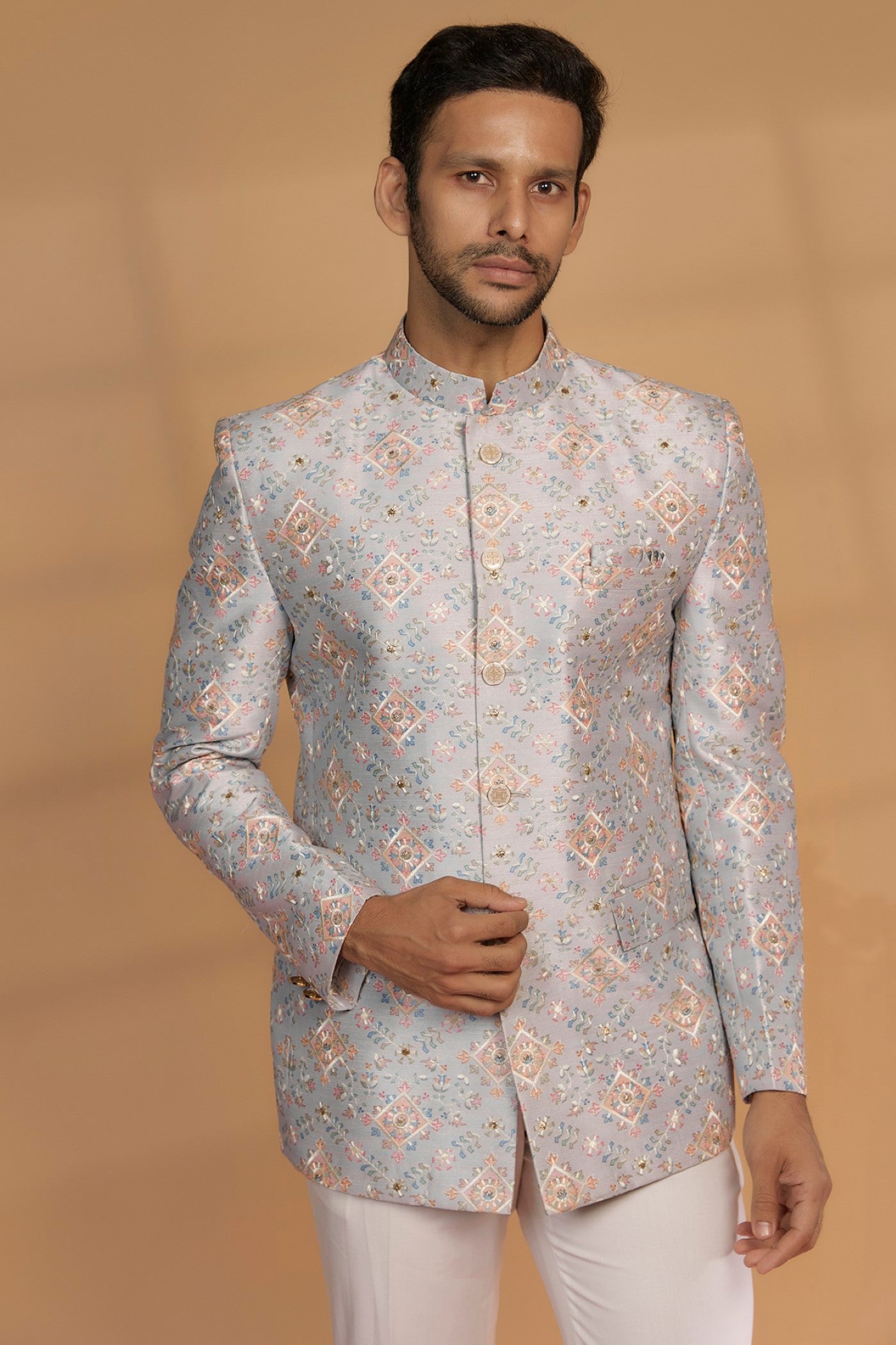 Mauve Silk Embroidered Bandhgala Set