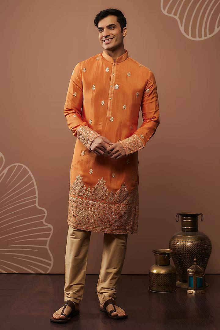 Orange Silk Hand & Machine Work Kurta Set