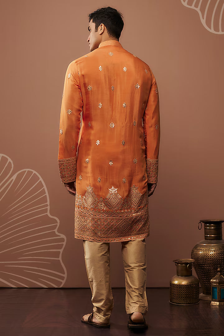Orange Silk Hand & Machine Work Kurta Set