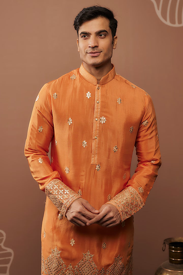 Orange Silk Hand & Machine Work Kurta Set