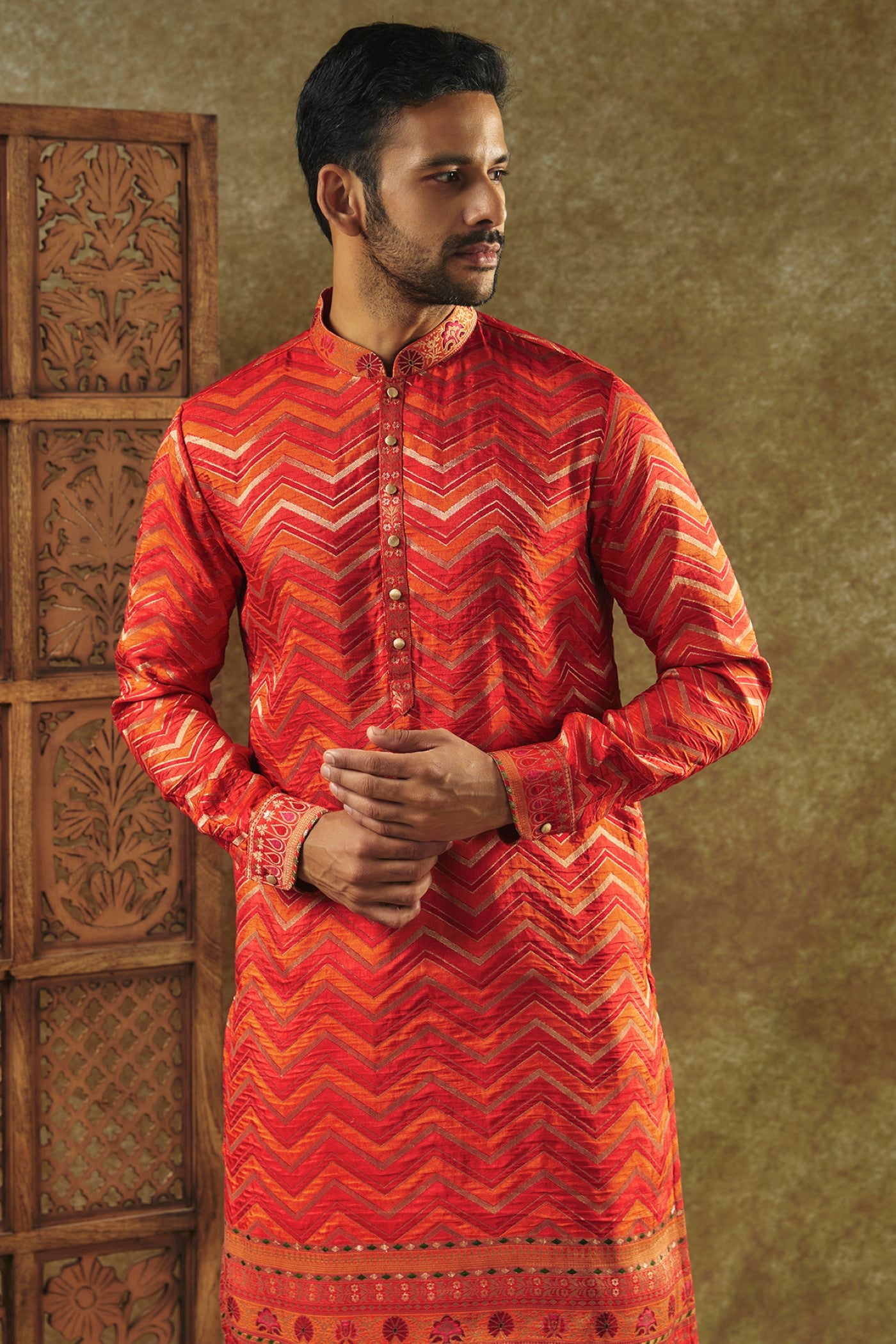 Maroon Printed Silk kurta pajama set with resham embroidered neck