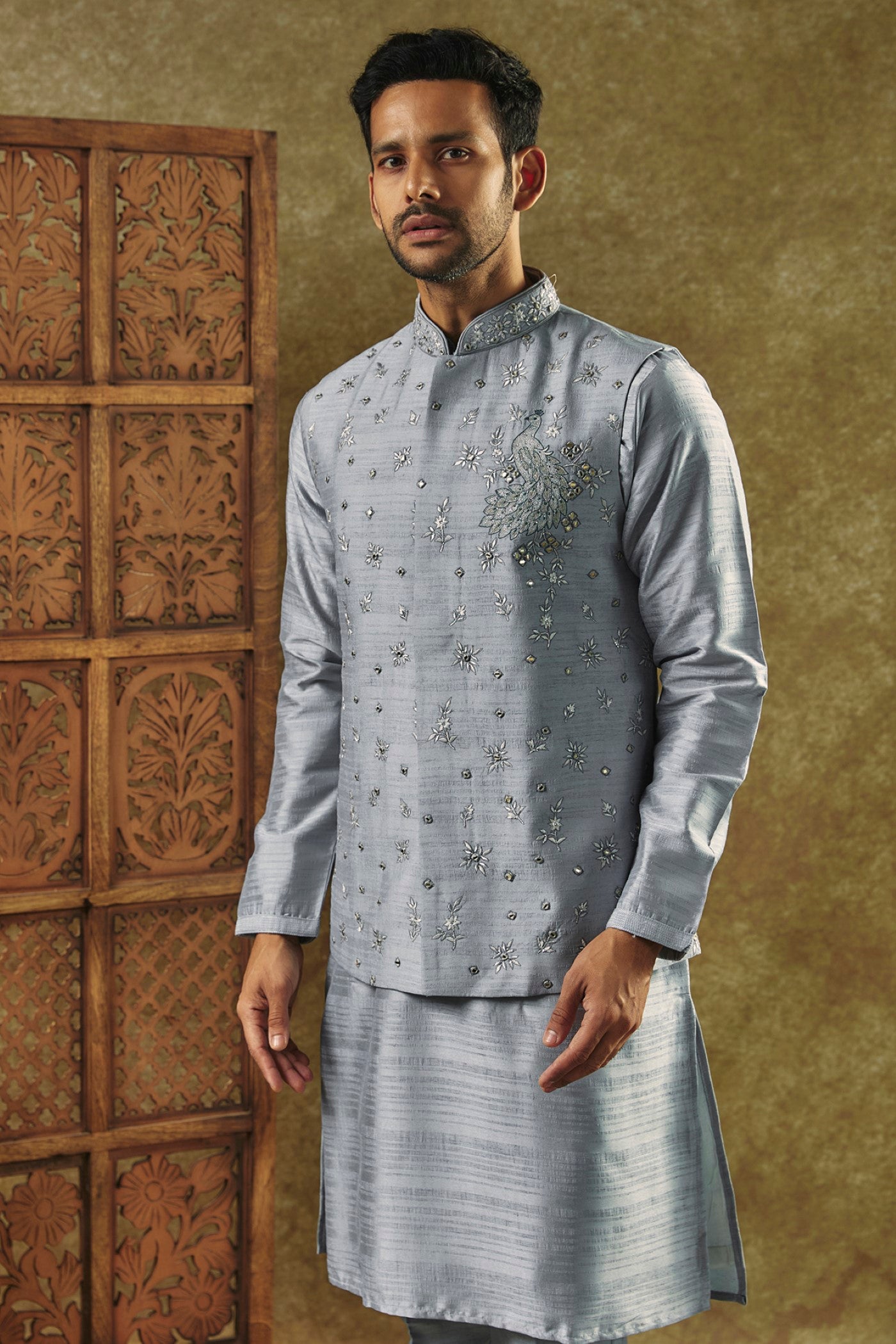 kurta Jacket set with mirror and resham embroidery