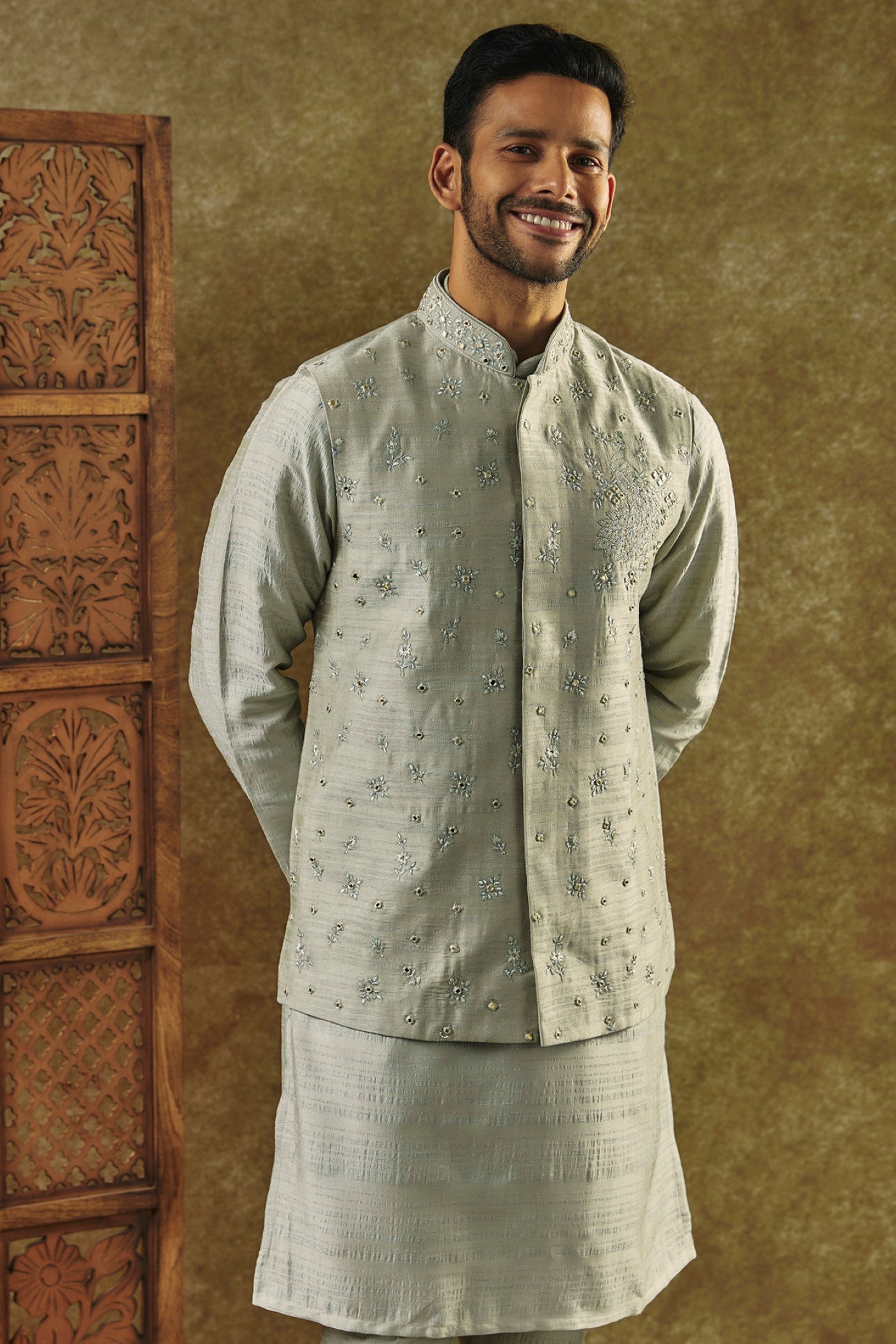 kurta Jacket set with mirror and resham embroidery