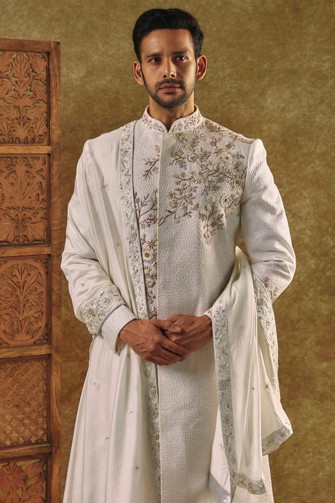Ivory Sherwani set and dupatta with all over thread work