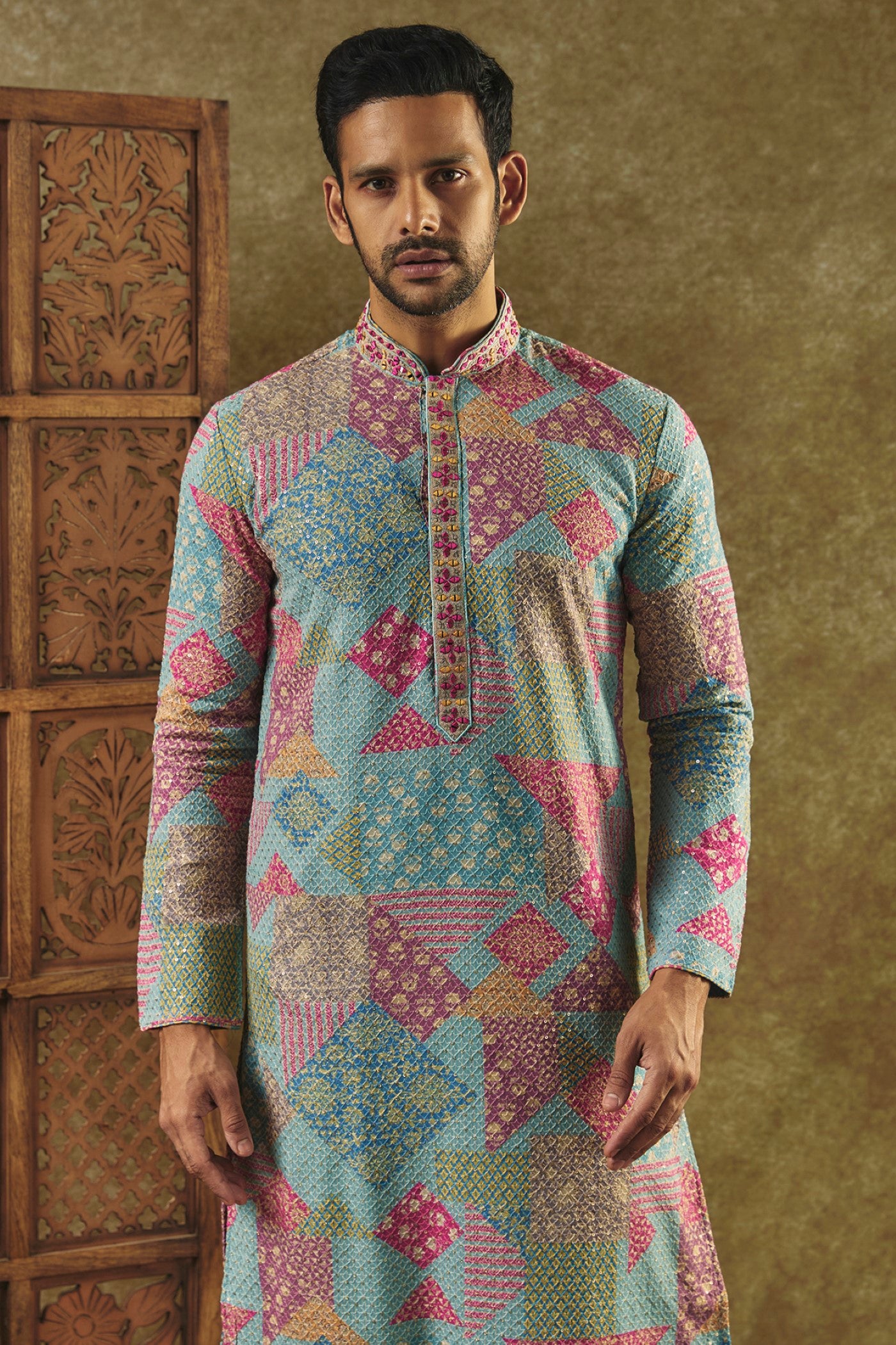 Multicolour Printed Silk kurta pajama set with resham embroidered neck