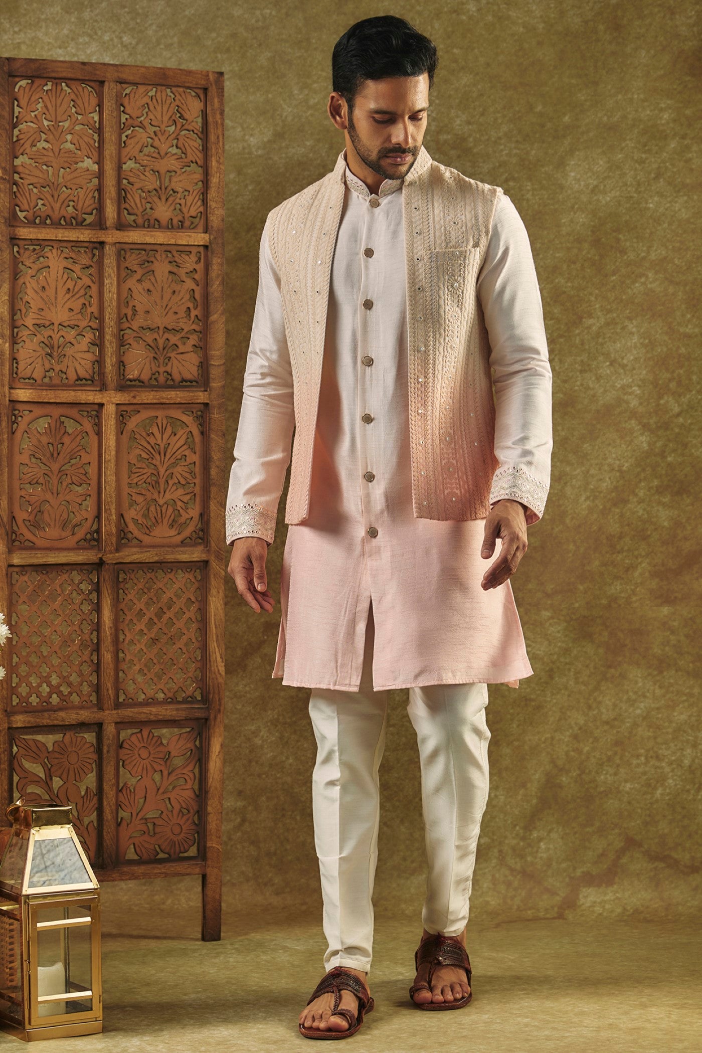 Pastel Pink Ombre Open-Indo Western set with sequin and resham embroidery