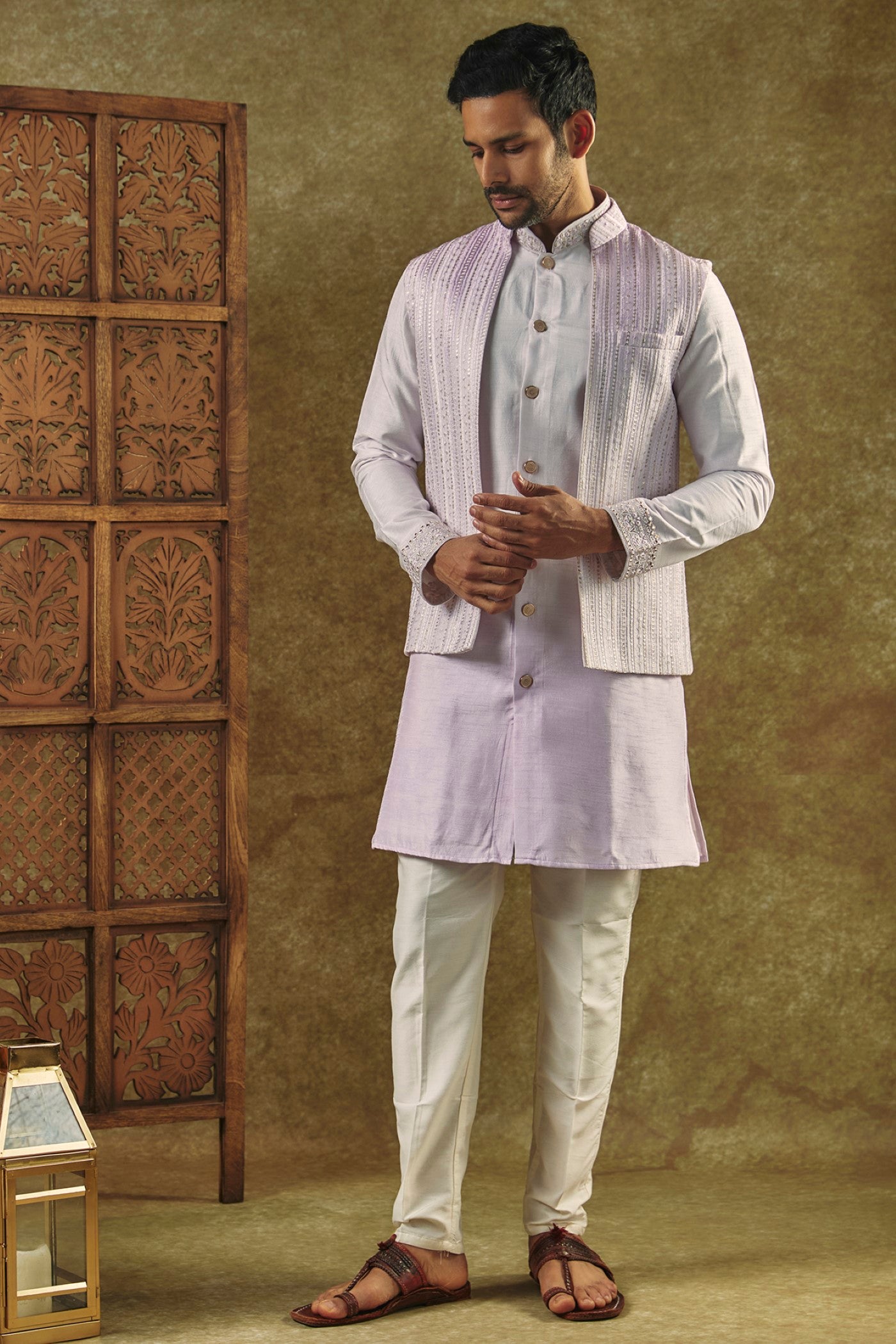 Light Lilac Ombre Open-Indo Western set with sequin and resham embroidery