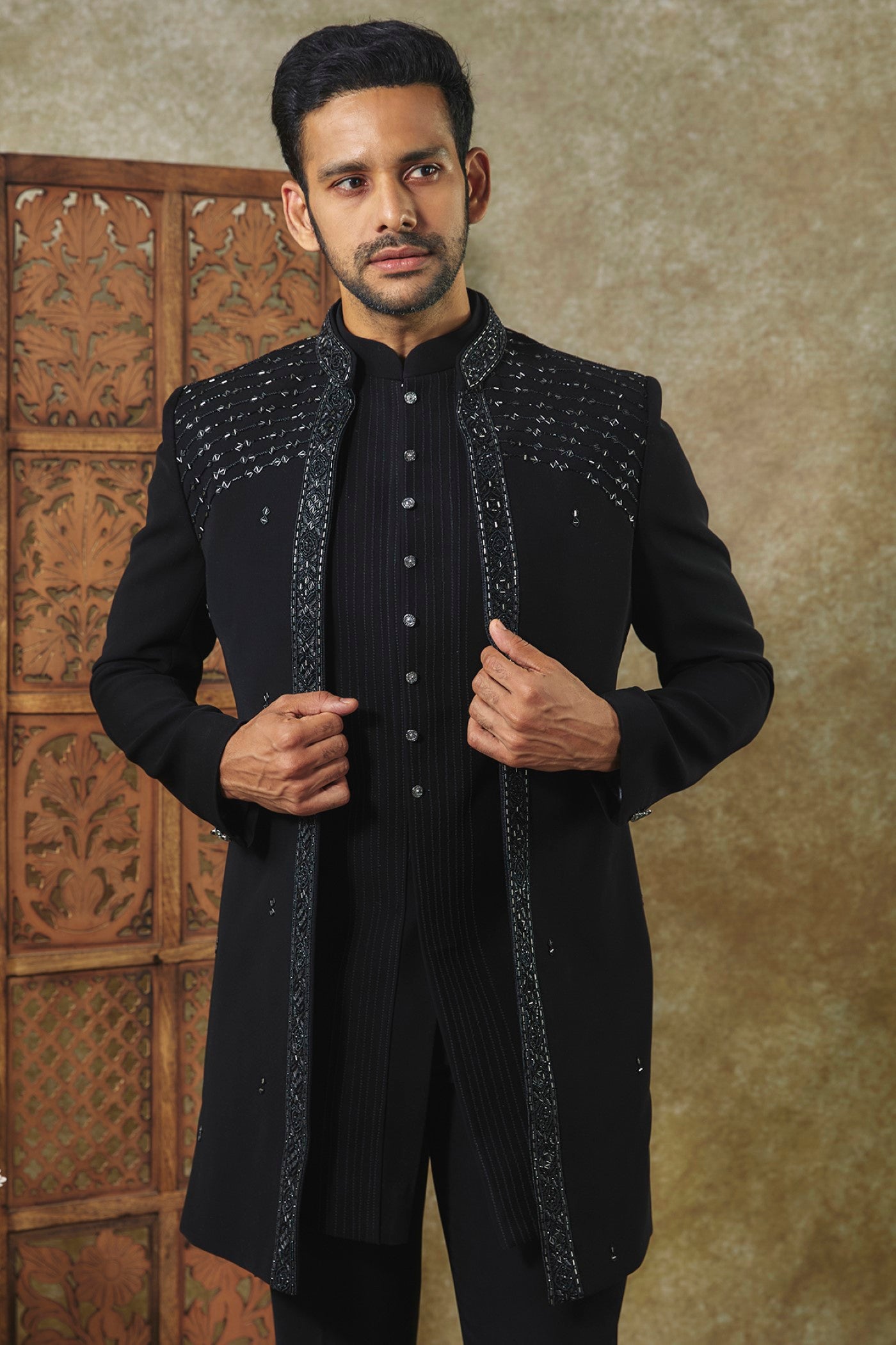 Jet Black Ombre Open-Indo Western set with sequin and resham embroider