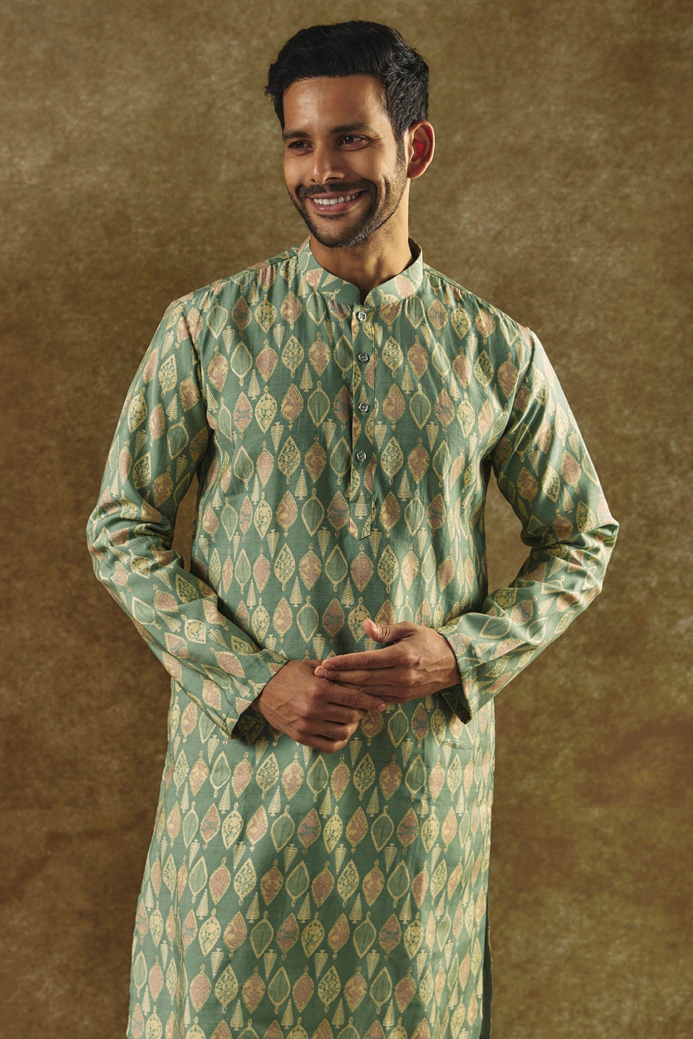 Benzer Pista Green Cotton Silk Kurta Set