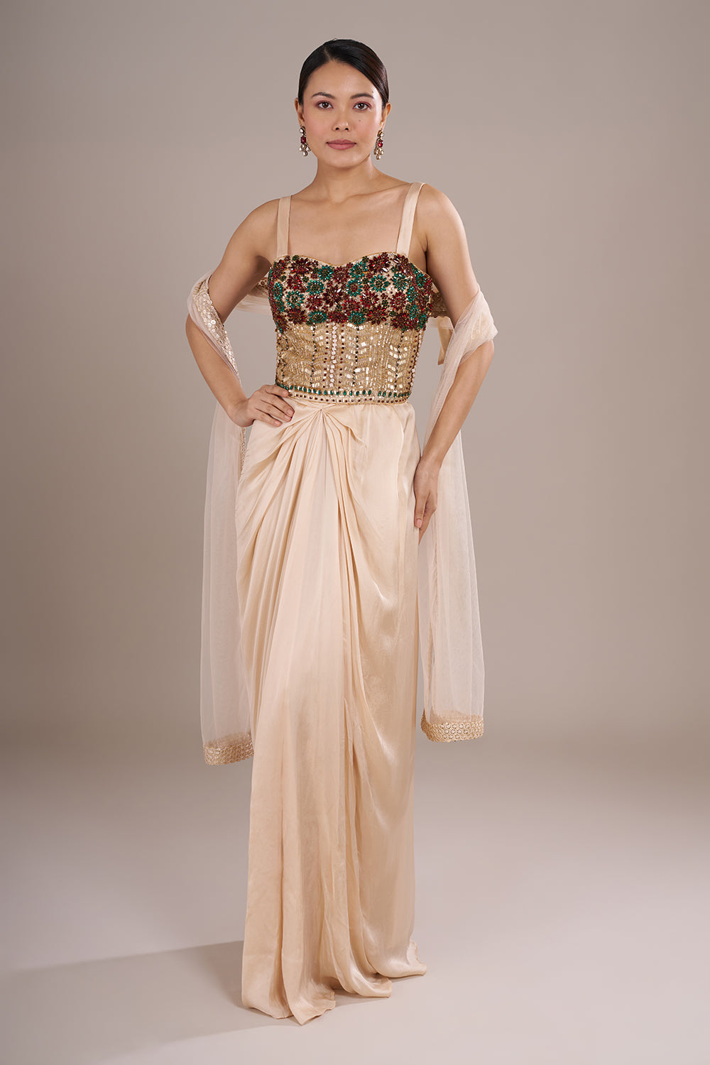 Champagne Indo Western With Moti And Stone Work
