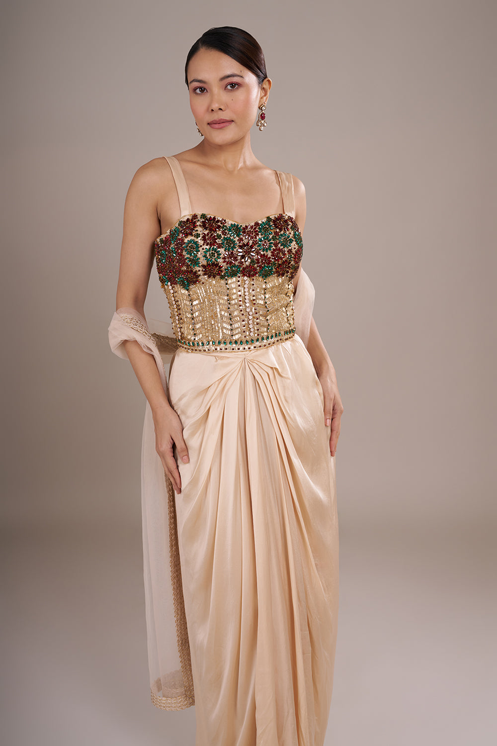 Champagne Indo Western With Moti And Stone Work