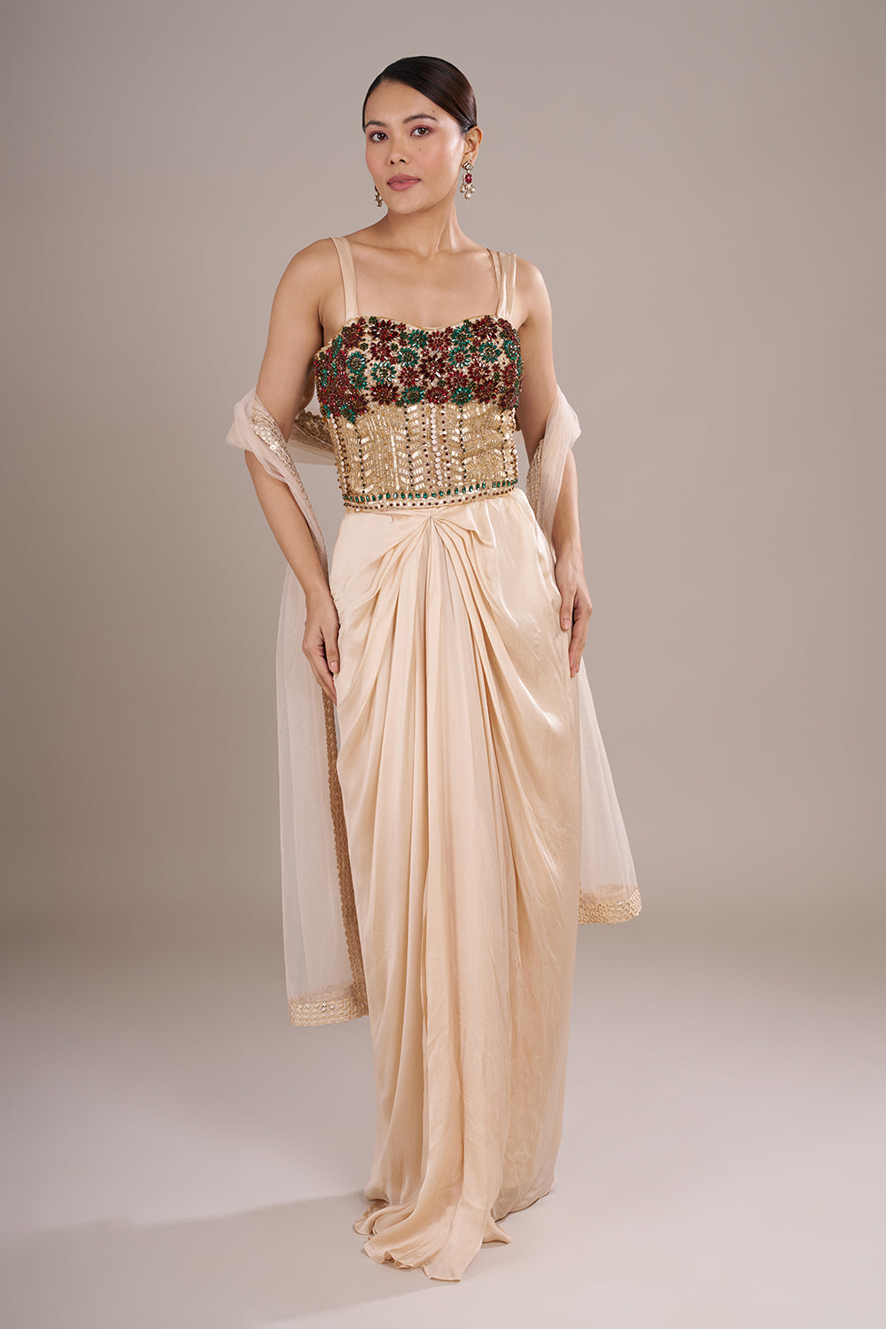 Champagne Indo Western With Moti And Stone Work