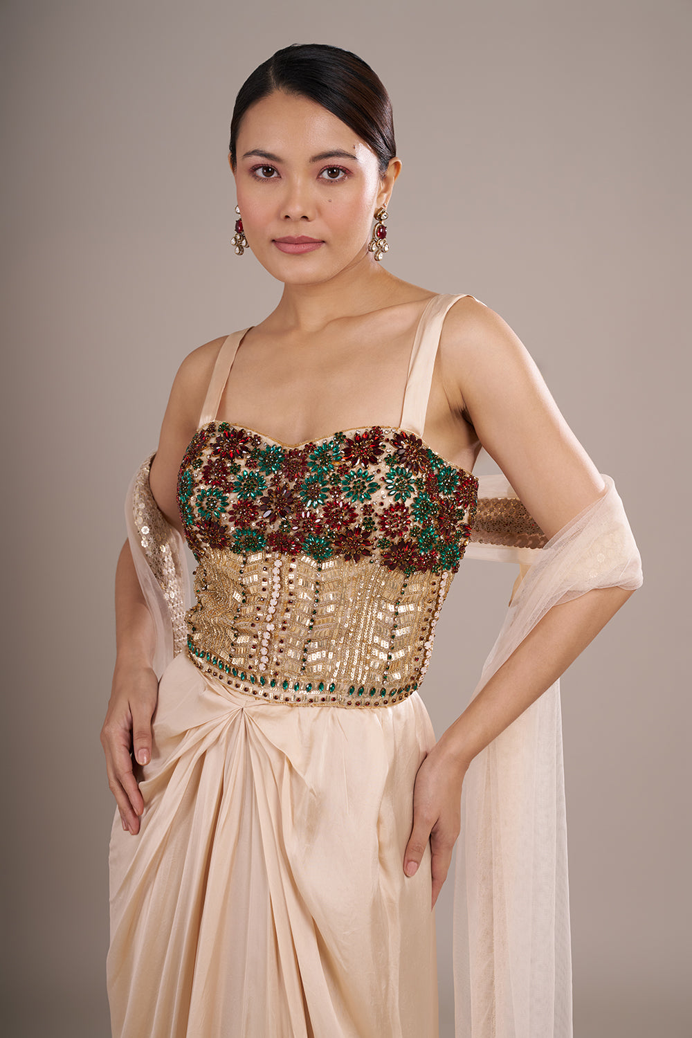 Champagne Indo Western With Moti And Stone Work