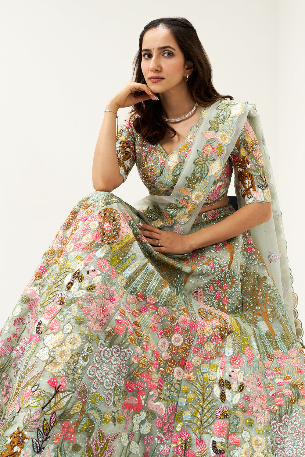 Sage Green Floral Embellished Organza Festive Lehenga Set