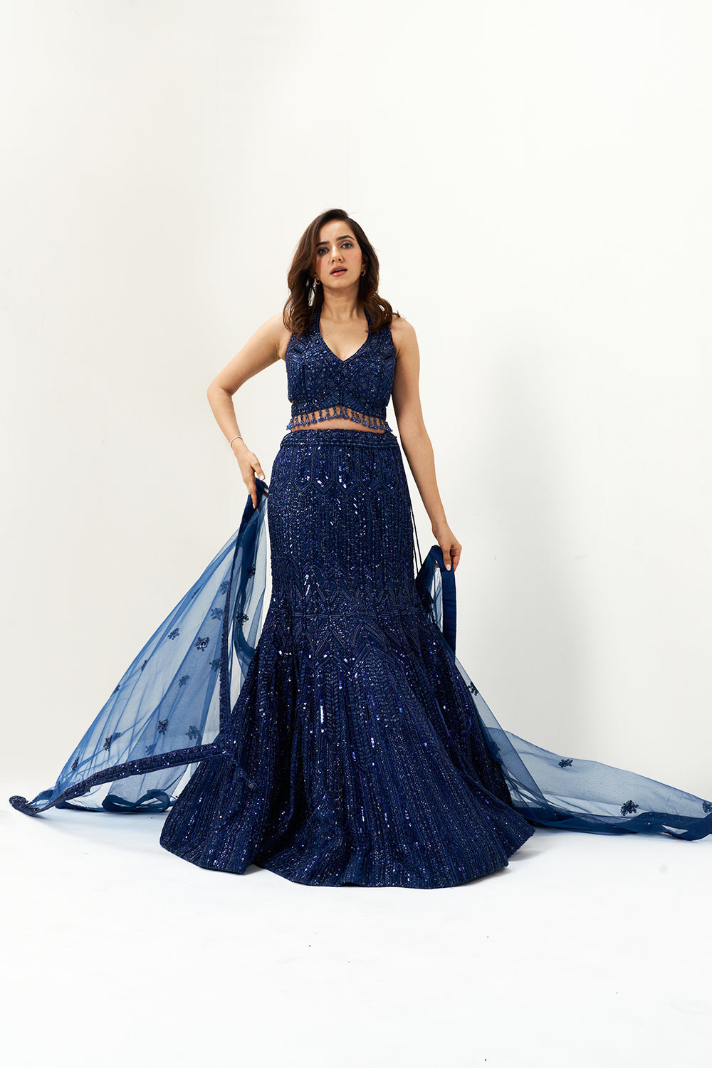 Navy Blue Embellished Net Festive Lehenga Set