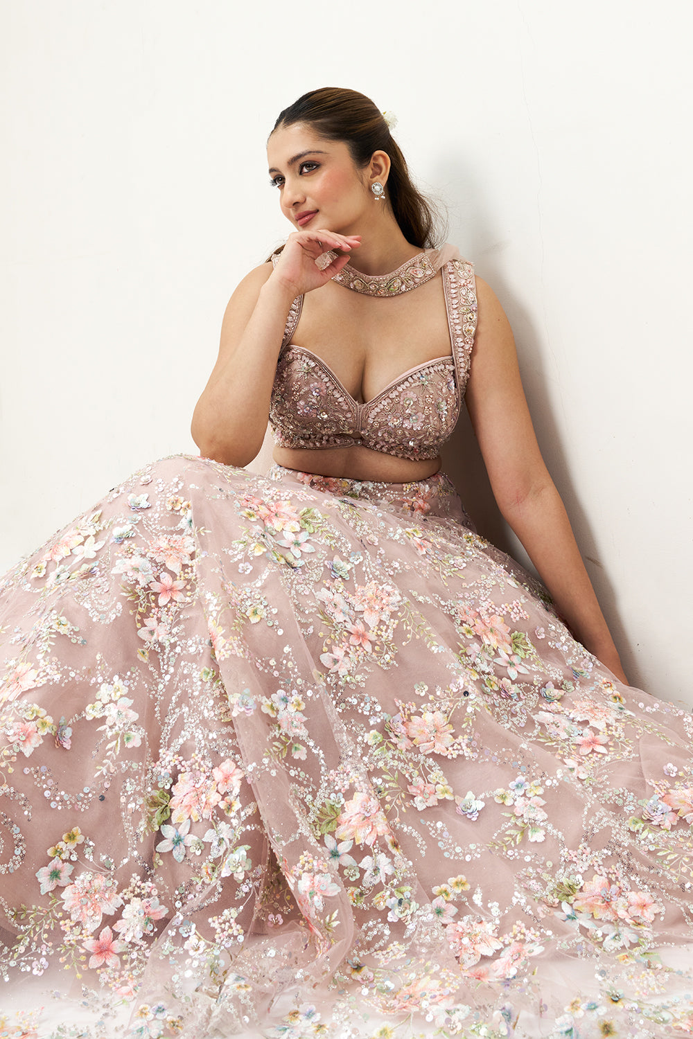 Onion Pink Embellished Net Festive Lehenga Set