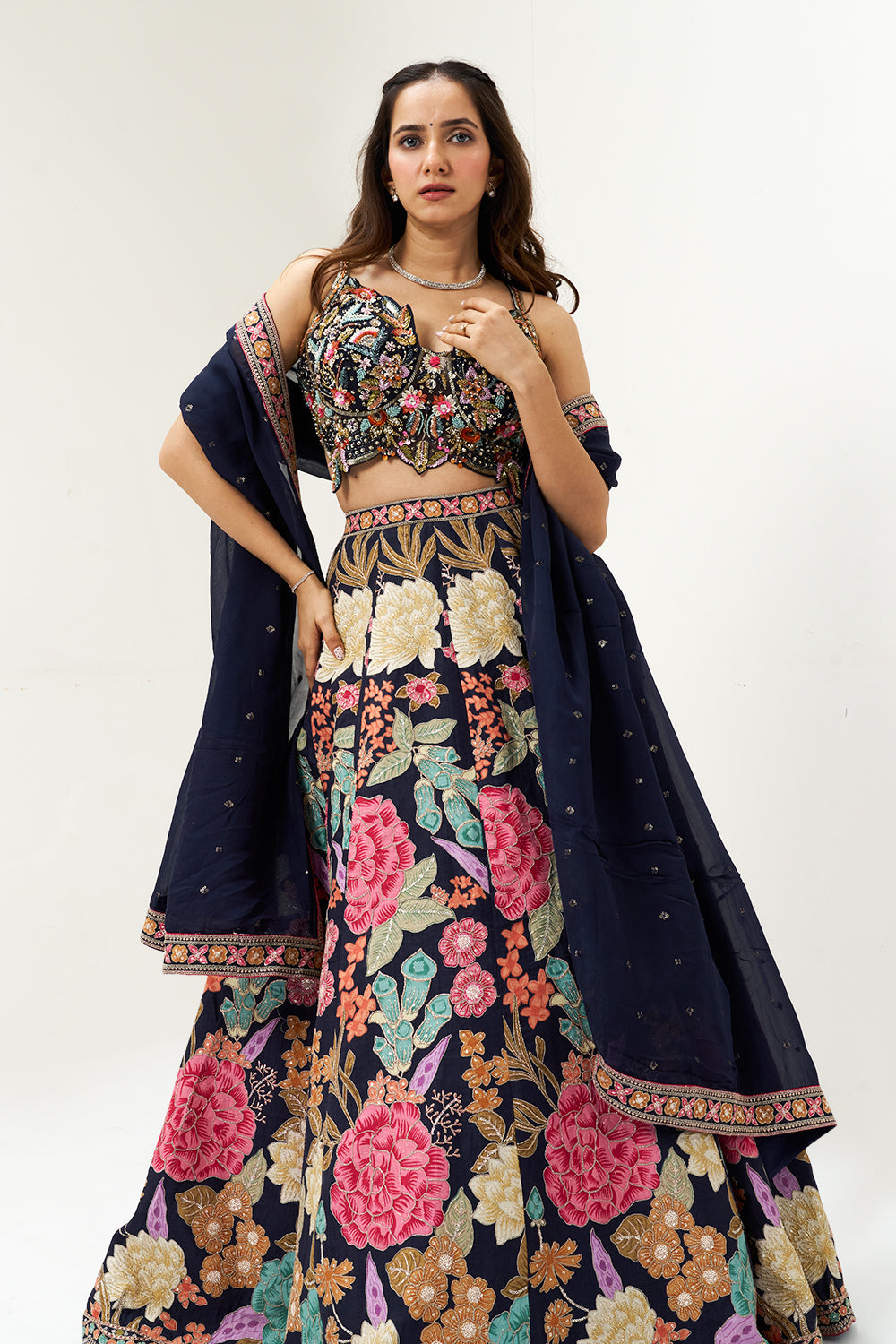 Midnight Blue Embroidered Silk Bridesmaid Lehenga Set