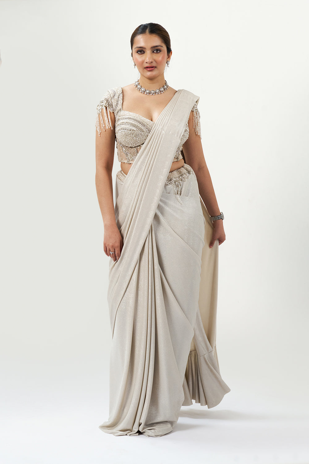 White Stone & Moti Embellished Ready Pleated Saree