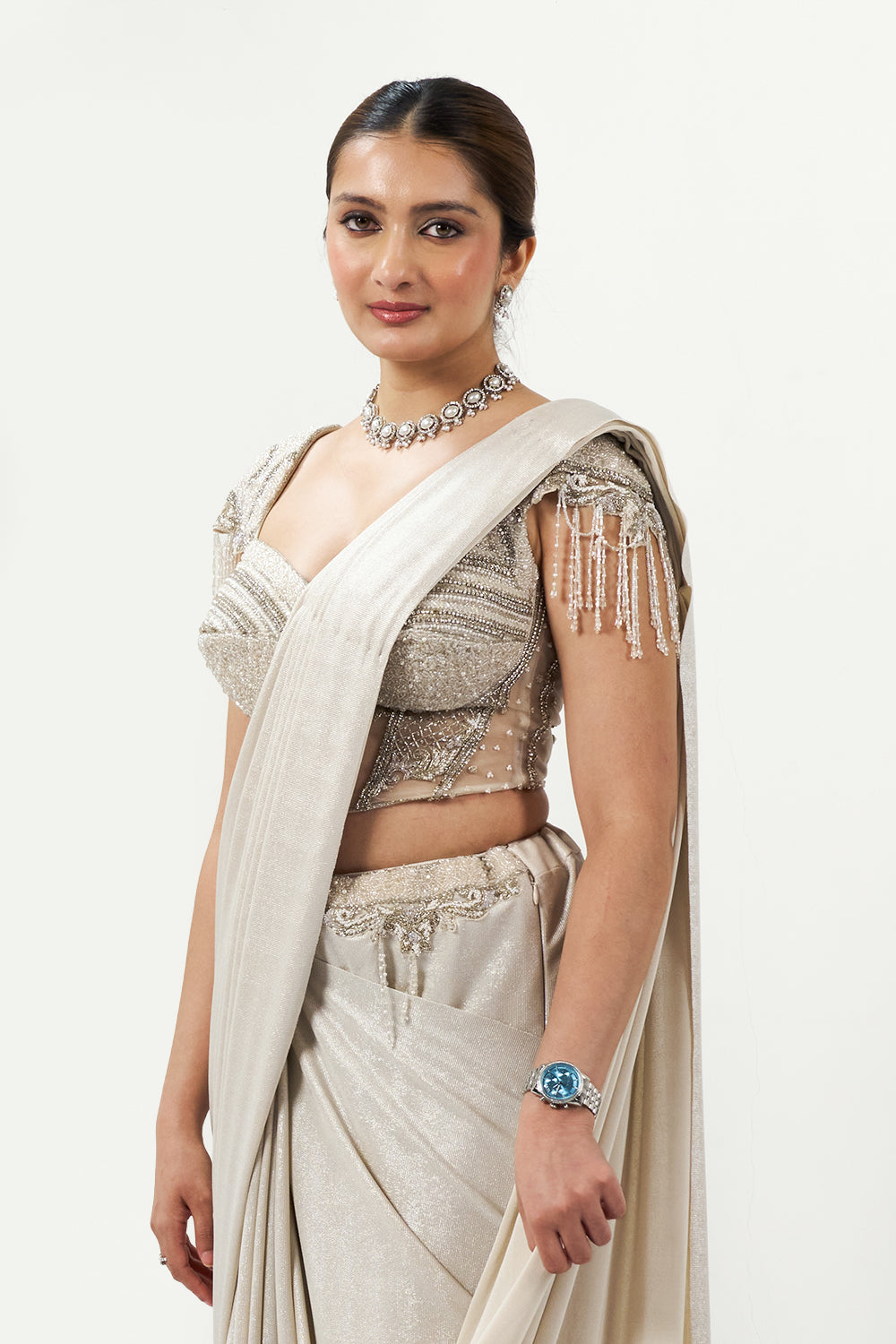 White Stone & Moti Embellished Ready Pleated Saree