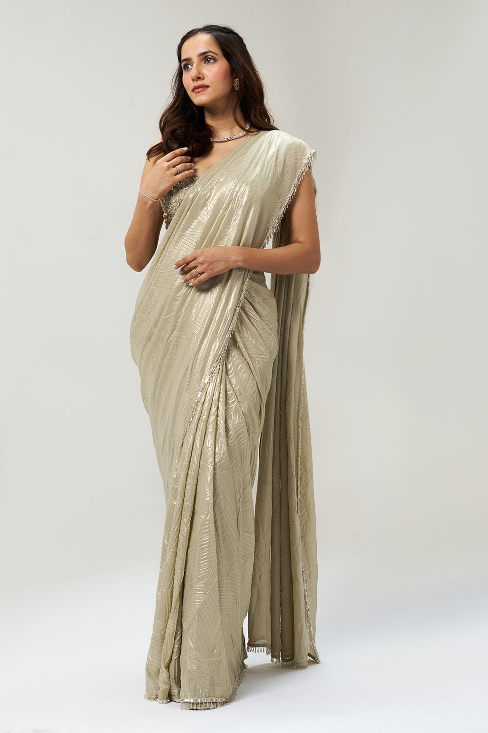 Gold Moti & Stone Embellished Ready Pleated Saree