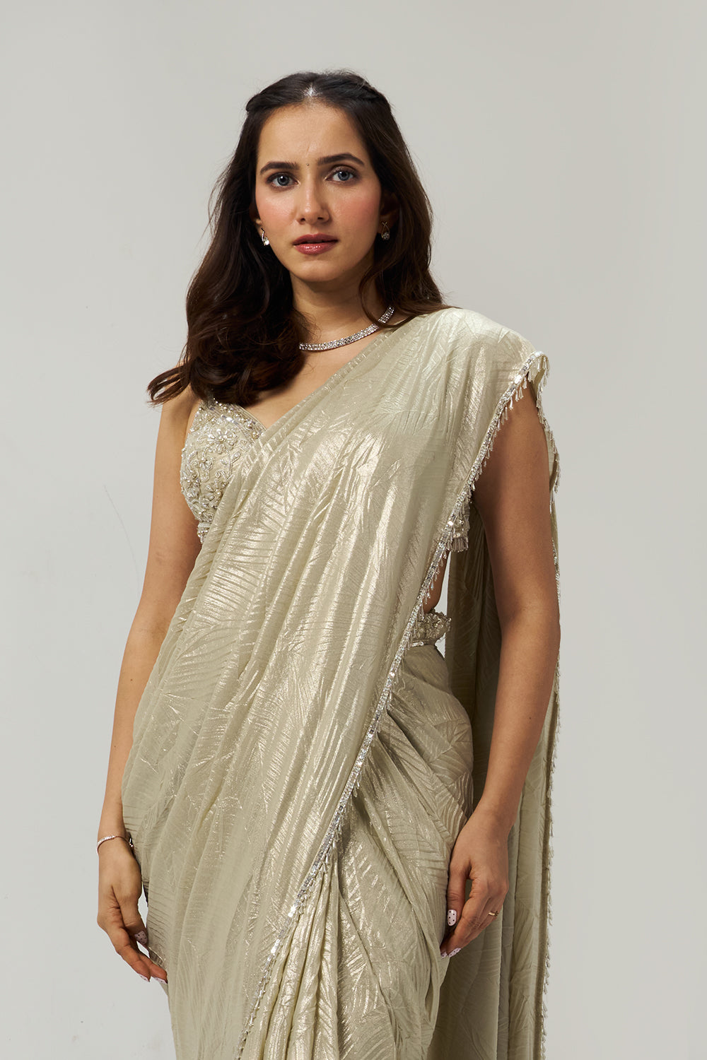 Gold Moti & Stone Embellished Ready Pleated Saree