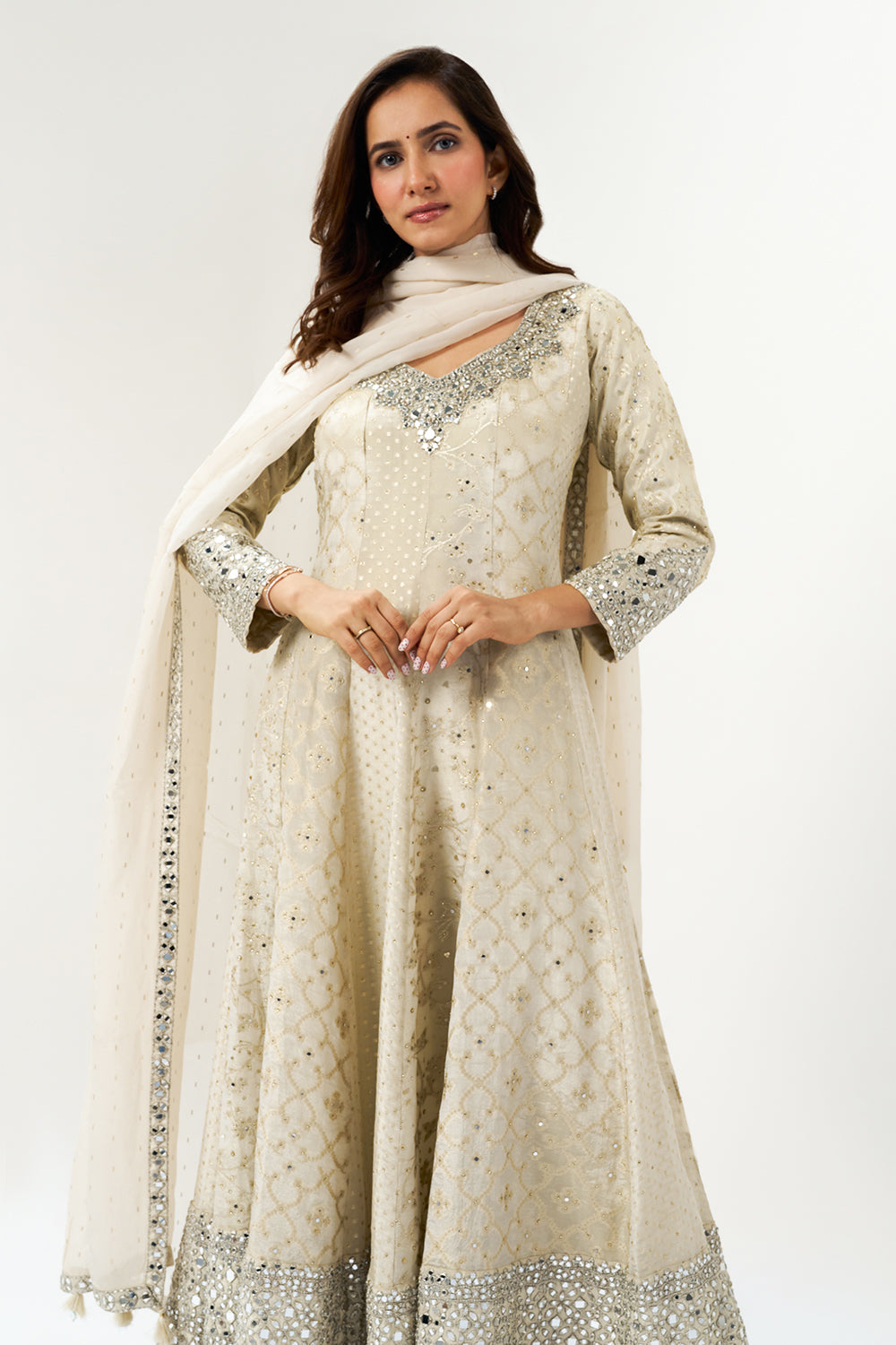 White & Cream Moti Embellished Silk Anarkali Suit Set