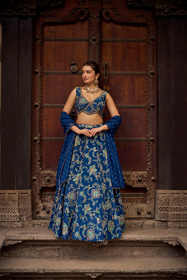 Blue Zardosi Embellished Silk Festive Lehenga Set