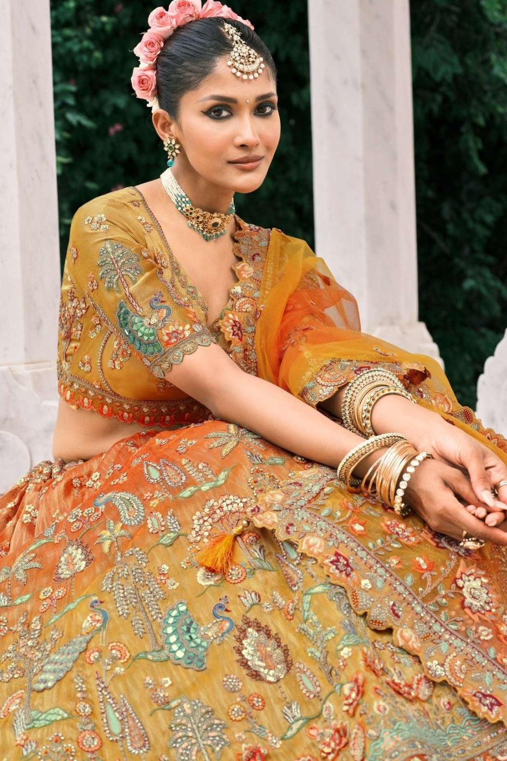 RUST ORANGE AND MUSTARD YELLOW SILK BRIDAL LEHENGA WITH EMBROIDERY AND MIRROR WORK