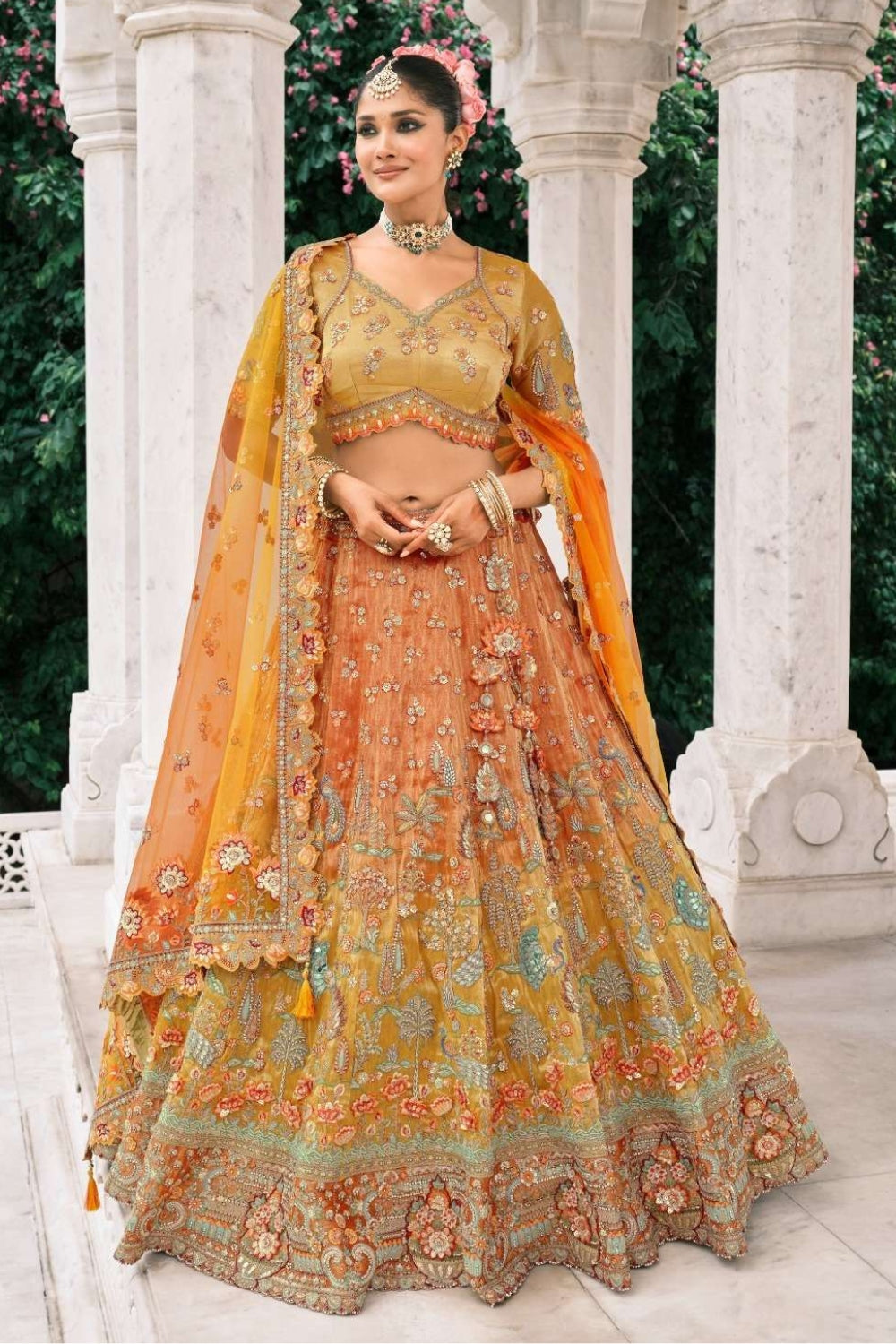RUST ORANGE AND MUSTARD YELLOW SILK BRIDAL LEHENGA WITH EMBROIDERY AND MIRROR WORK