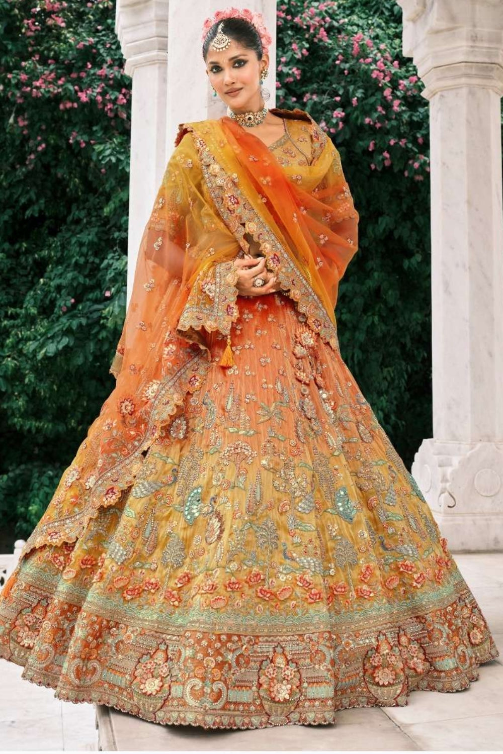 RUST ORANGE AND MUSTARD YELLOW SILK BRIDAL LEHENGA WITH EMBROIDERY AND MIRROR WORK