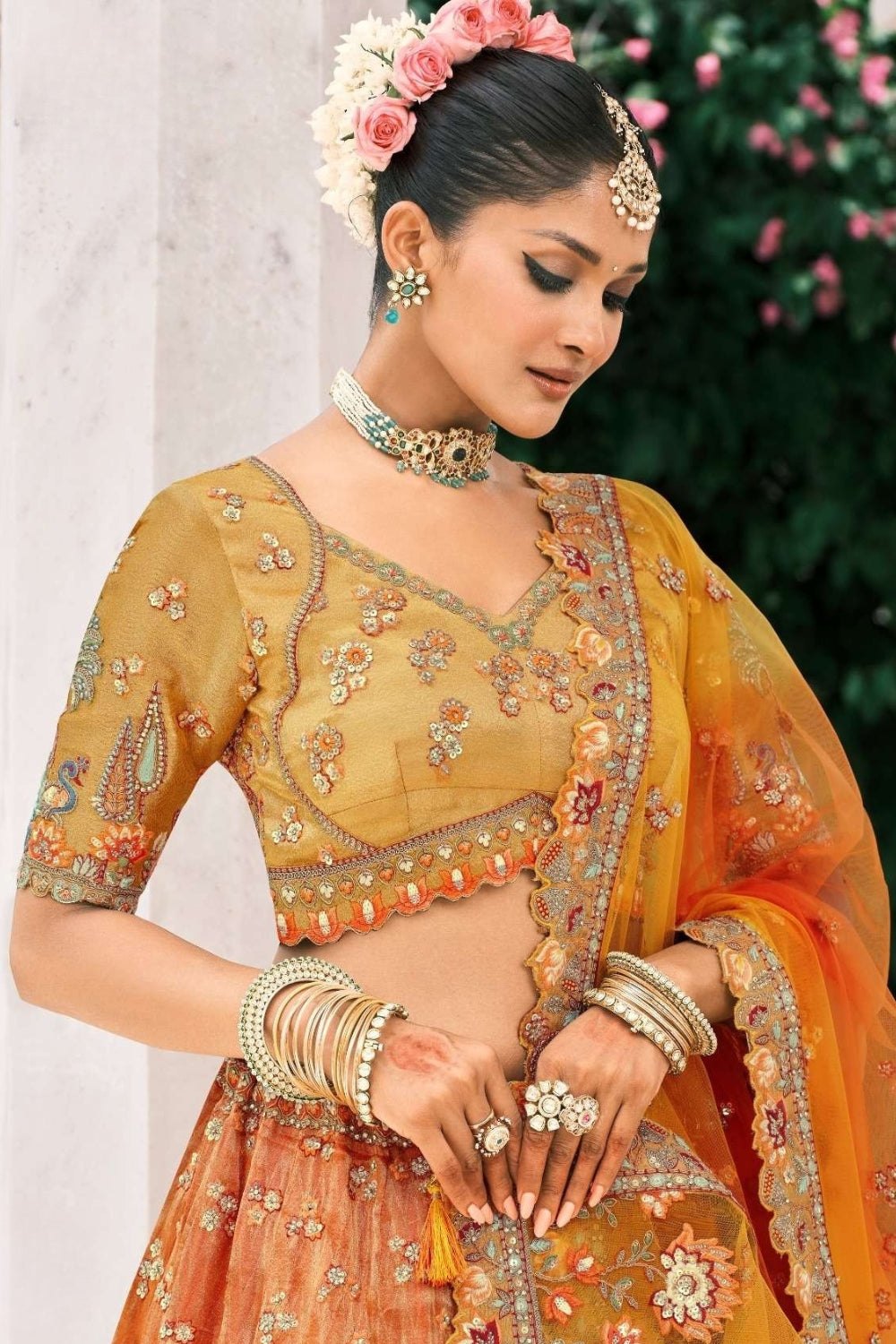 RUST ORANGE AND MUSTARD YELLOW SILK BRIDAL LEHENGA WITH EMBROIDERY AND MIRROR WORK