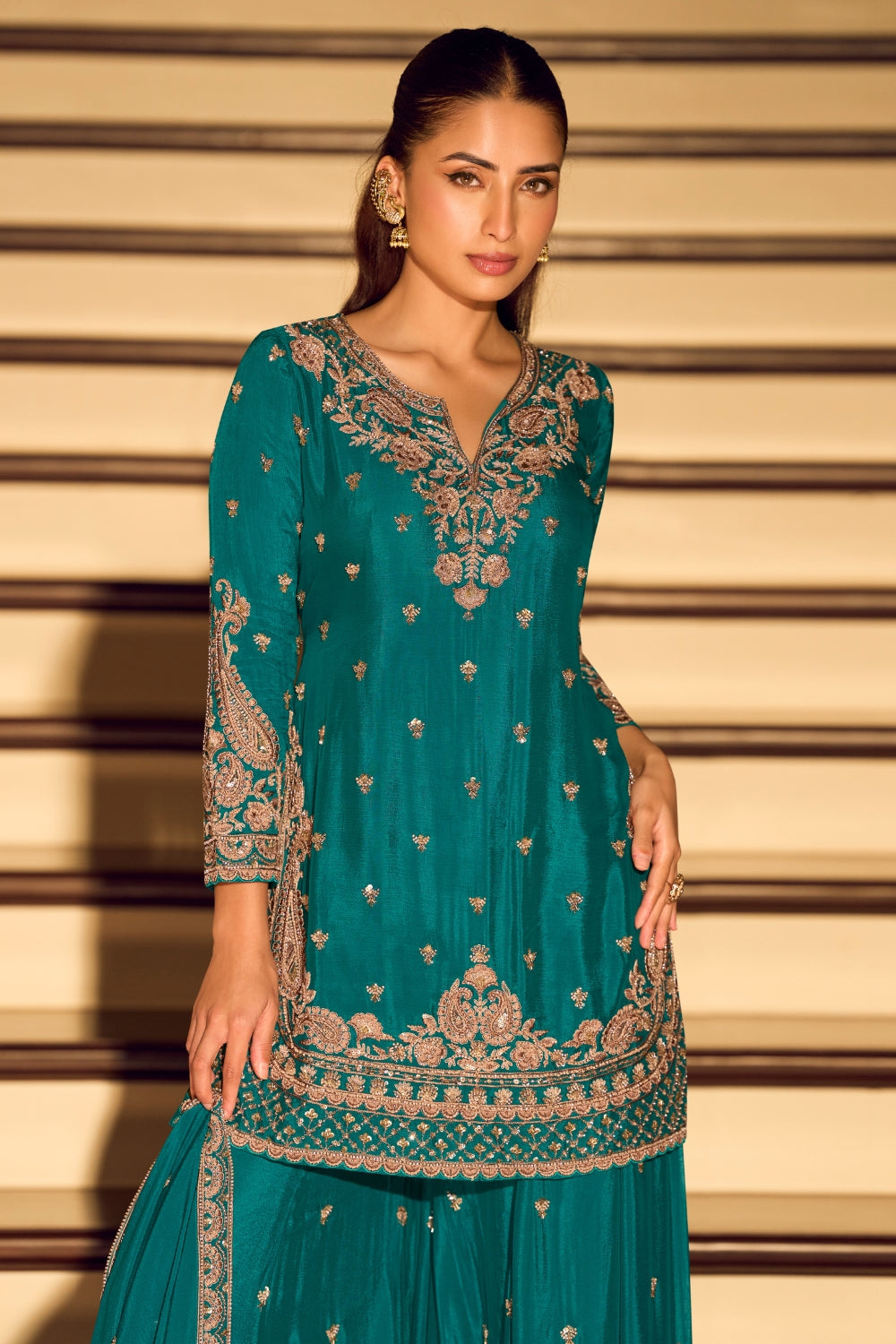 Rama Chinon Salwar Suit with Cutdana and Moti Work