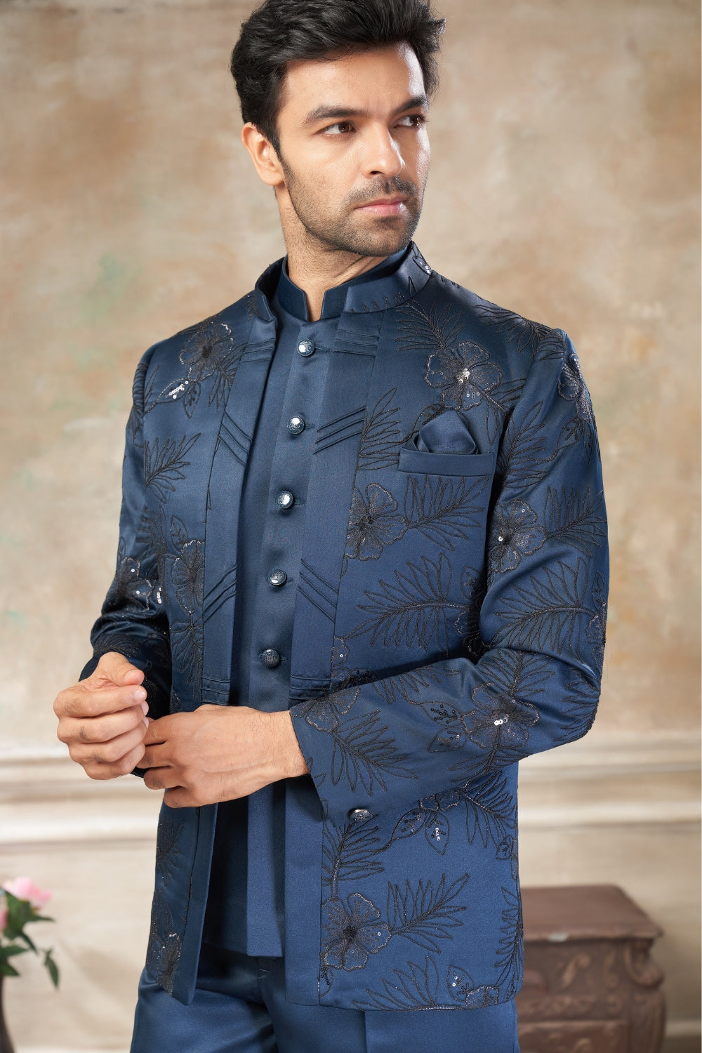 Rama Green Imported Jodhpuri Set with Embroidery and Sequins Work