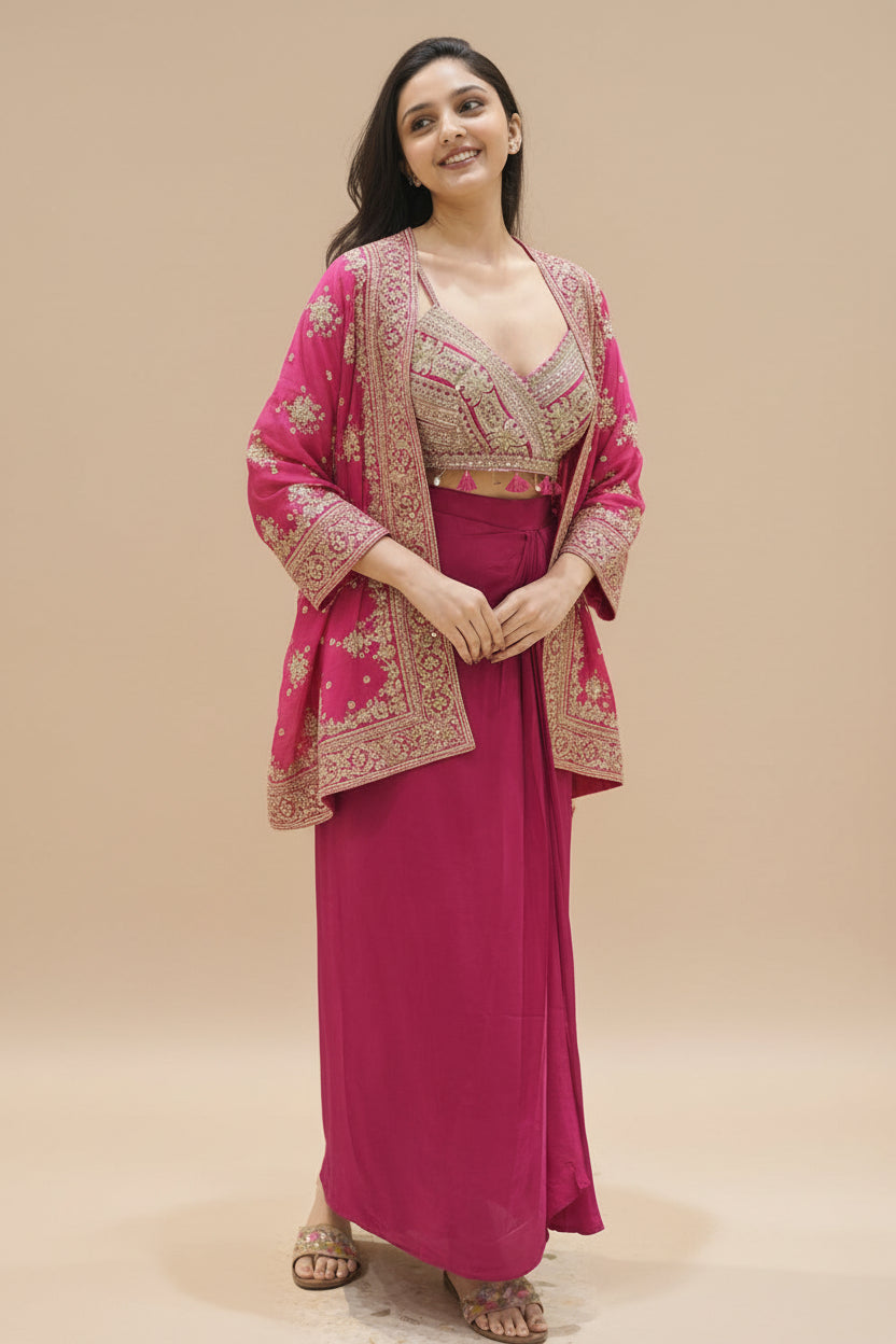 Rani Muslin Silk Indo Western with Sequins and Aari Work