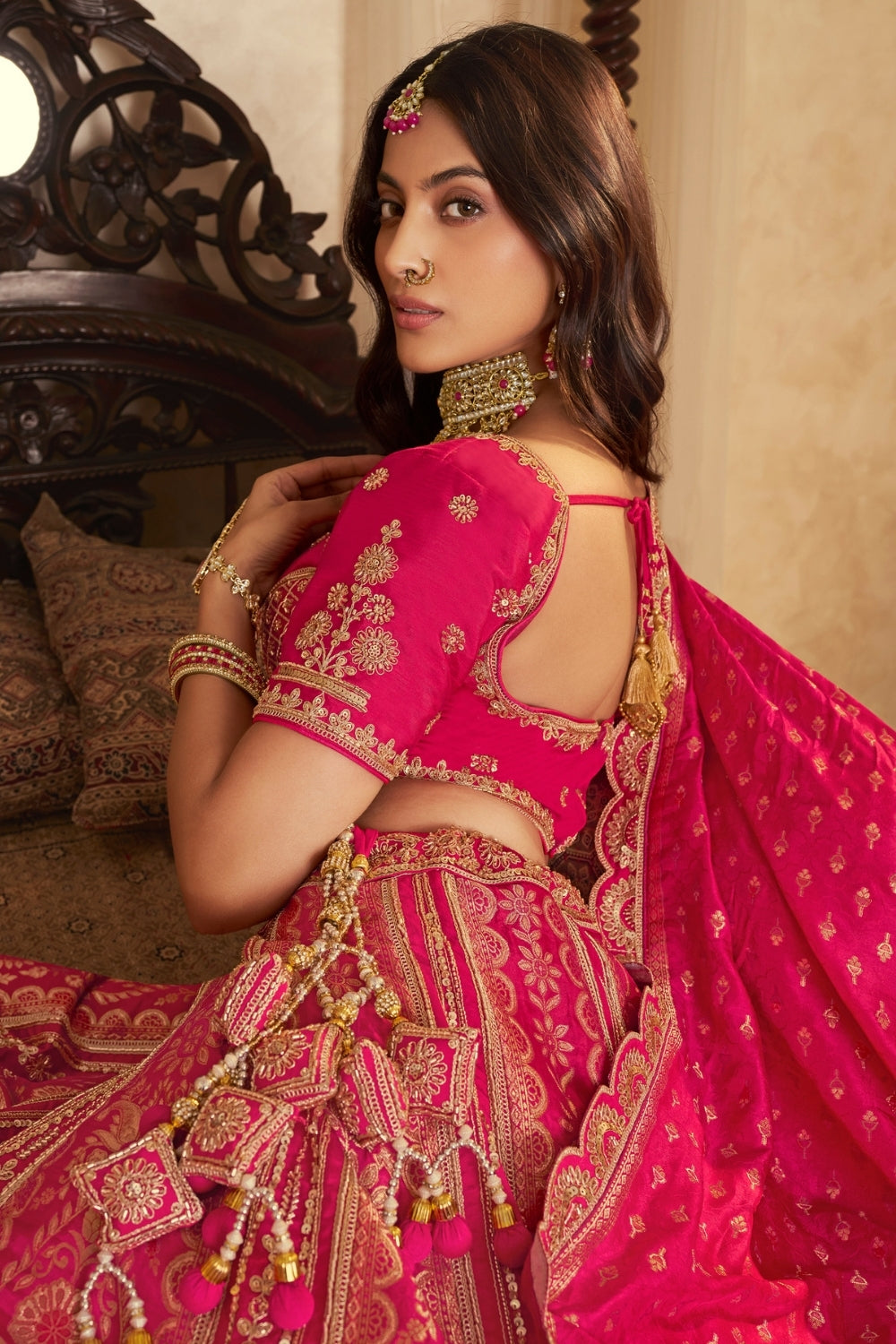 Rani Pink Banarasi Silk Lehenga Set with Cutdana and Stone Work