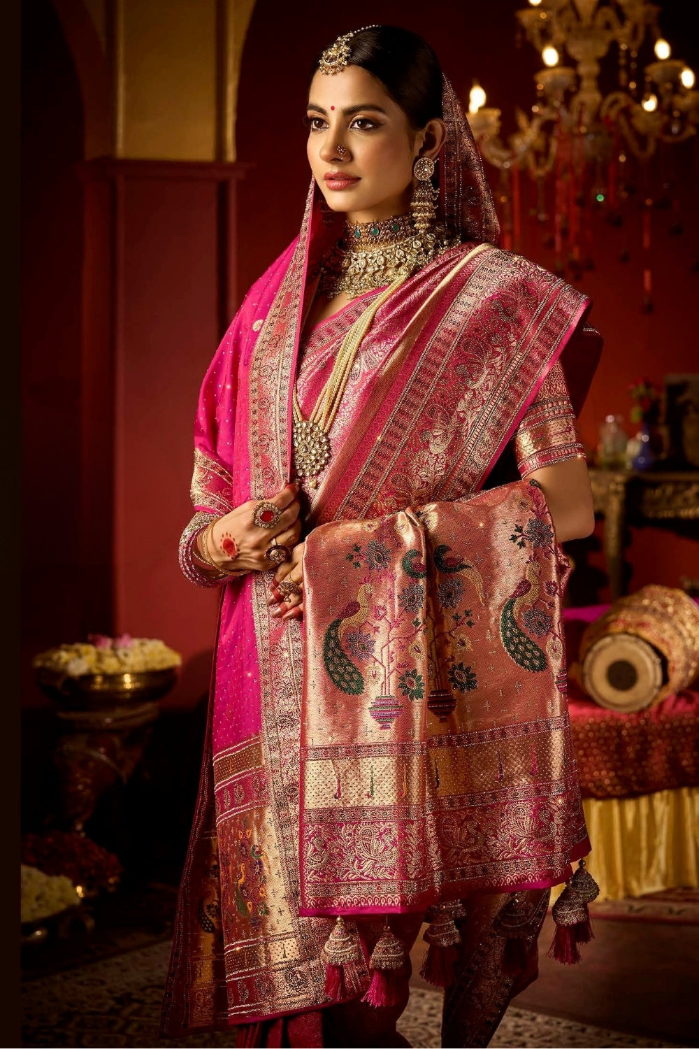 Rani Pink Silk Saree with Stone and Embroidery Work