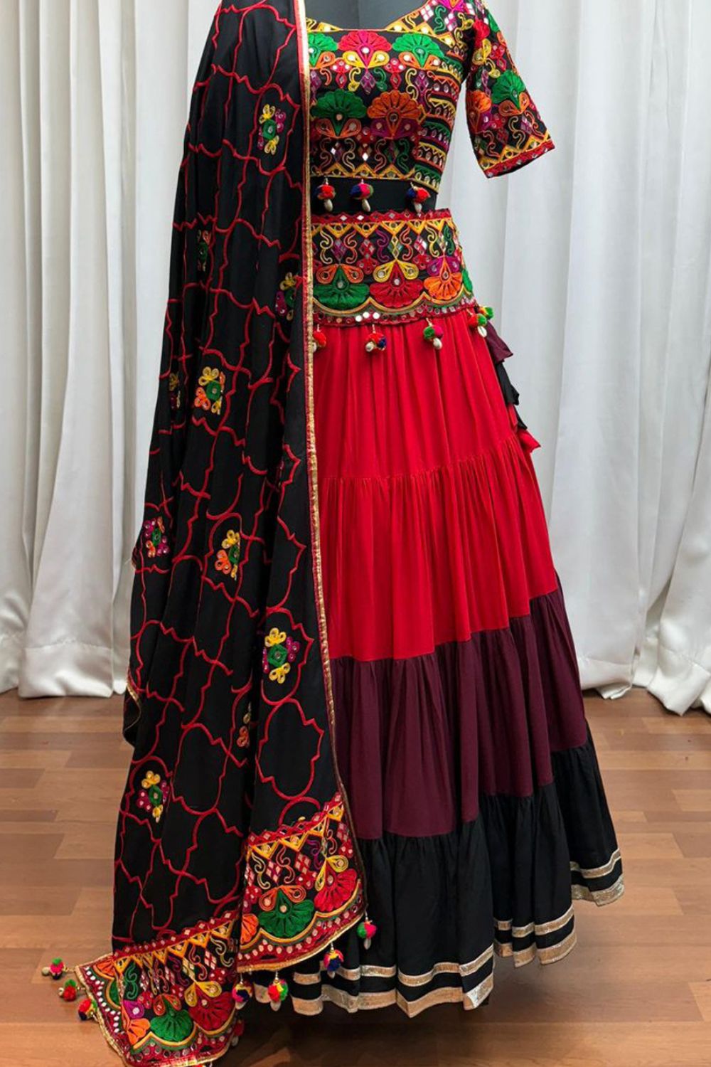 Red And Multi Viscose Cotton Navratri Lehenga Choli Thread With Mirror Work