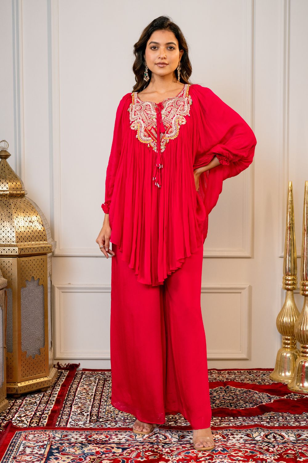 Red Georgette Indo Western with Resham Embroidery and Moti Work