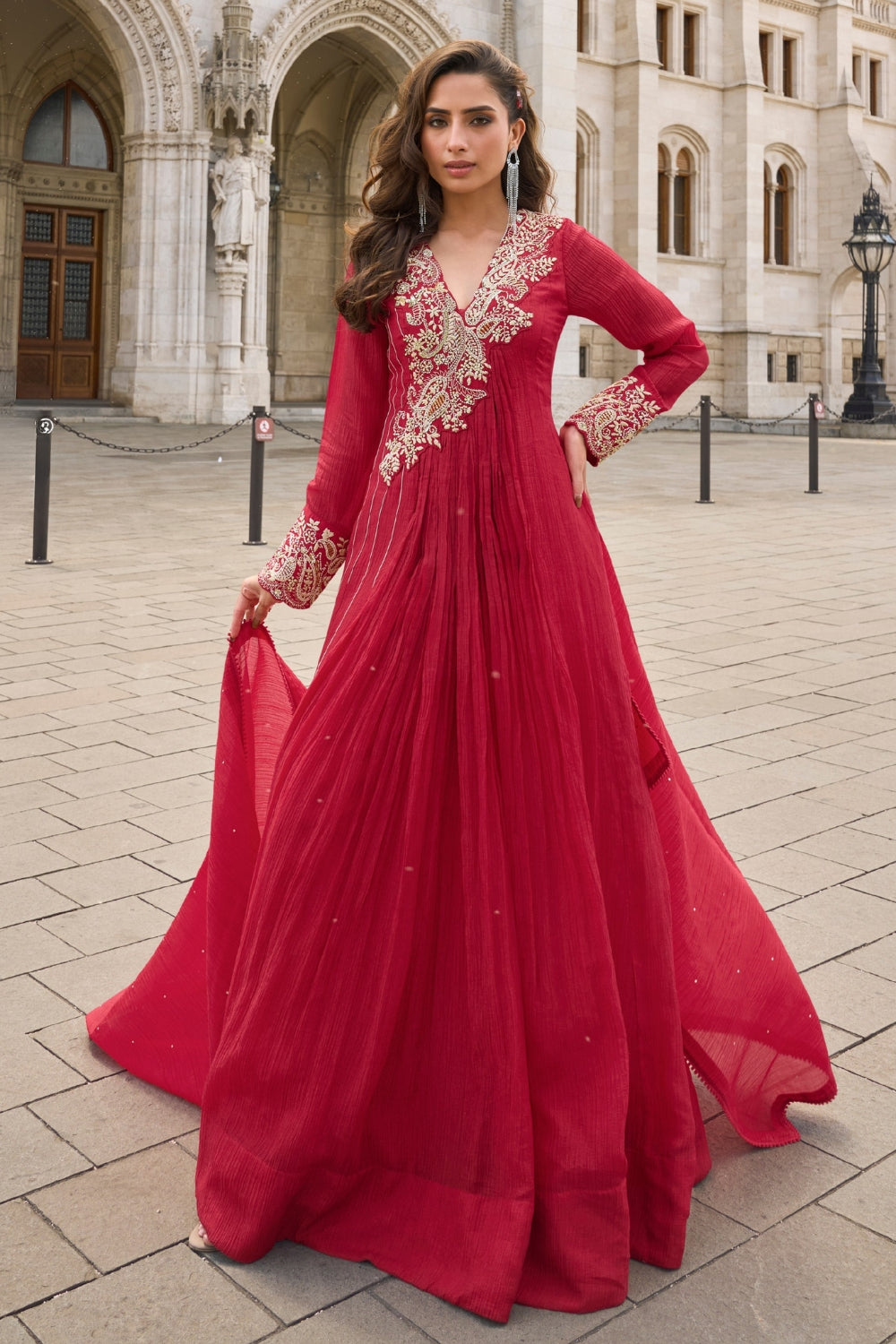 Red Silk Anarkali Set with Mirror and Embroidery Work