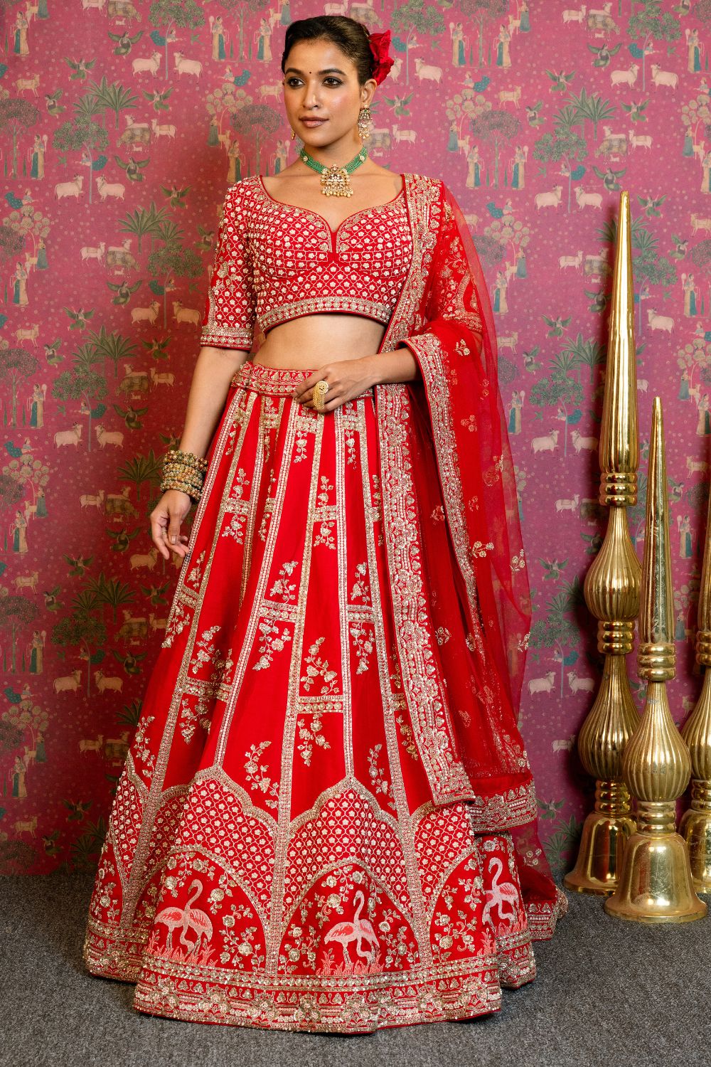 Red Silk Bridal Lehenga Set With Cutdana And Sequins Handwork
