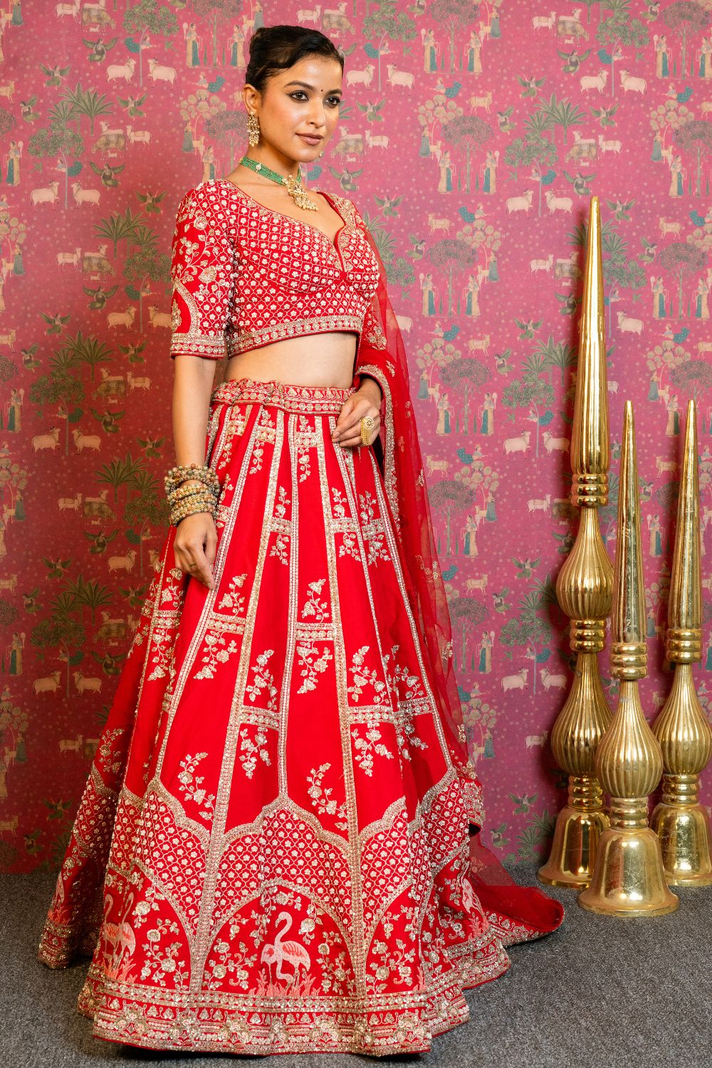 Red Silk Bridal Lehenga Set With Cutdana And Sequins Handwork