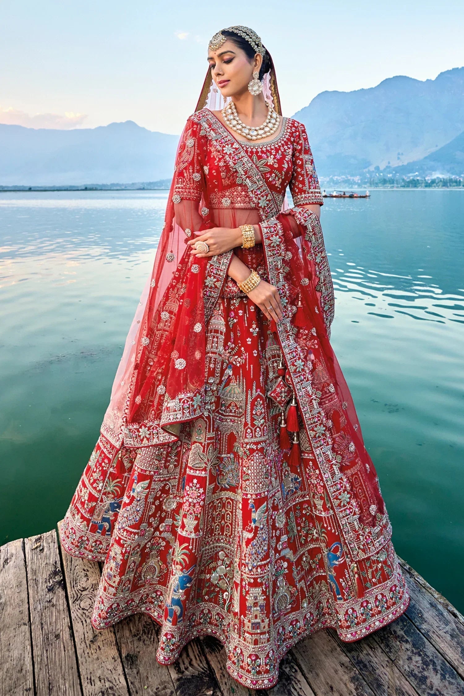 Red Silk Designer Heavy Embroidered Bridal Lehenga