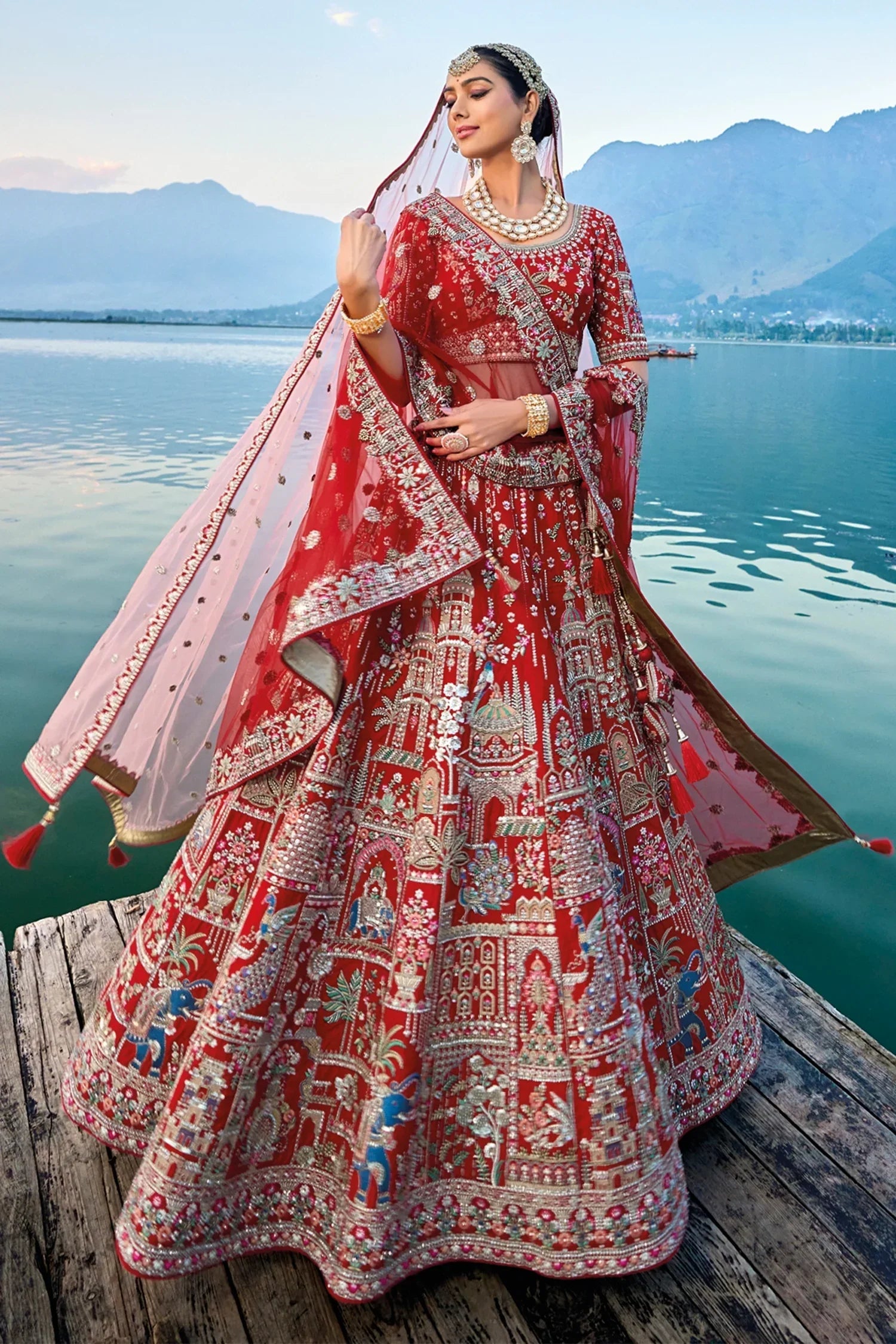 Red Silk Designer Heavy Embroidered Bridal Lehenga