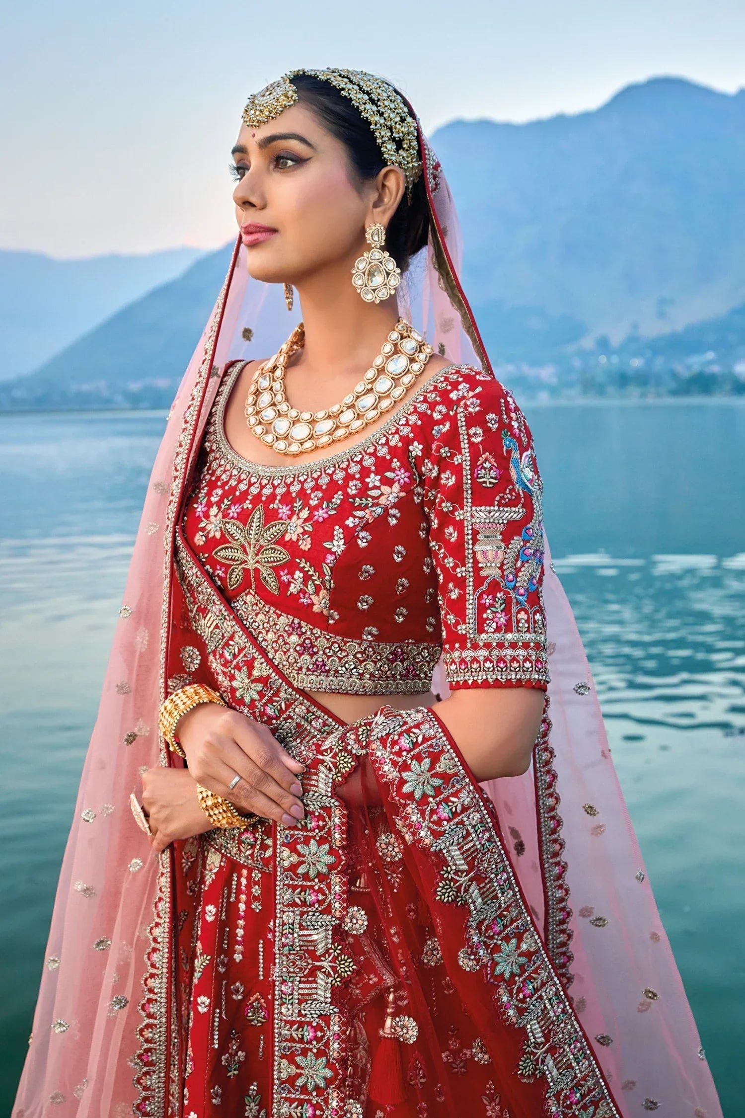 Red Silk Designer Heavy Embroidered Bridal Lehenga