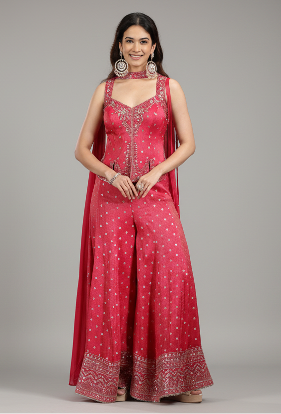 Red Silk Palazzo Set with Cutdana and Mirror Work